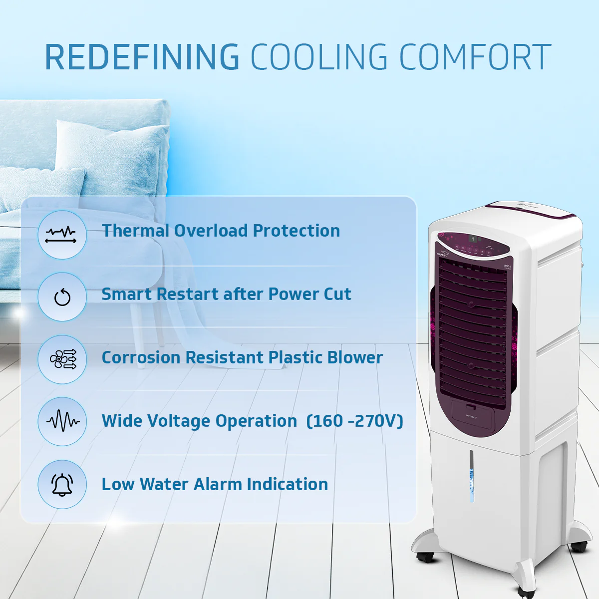 Arido T35 H DG Air Cooler for Home | Remote Comfort | 35 Litre | 2 Year warranty on main Motor & Pump | White & Purple Burry - Image 8