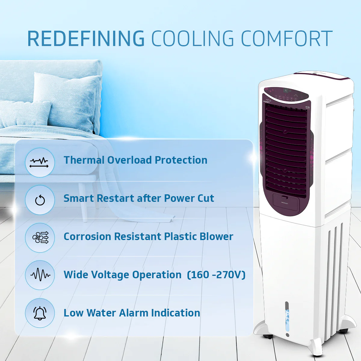 Arido T50 H DG Air Cooler for Home | Remote Comfort |50 Litre | 2 Year Warranty on Motor & Pump | White & Purple Burry - Image 7