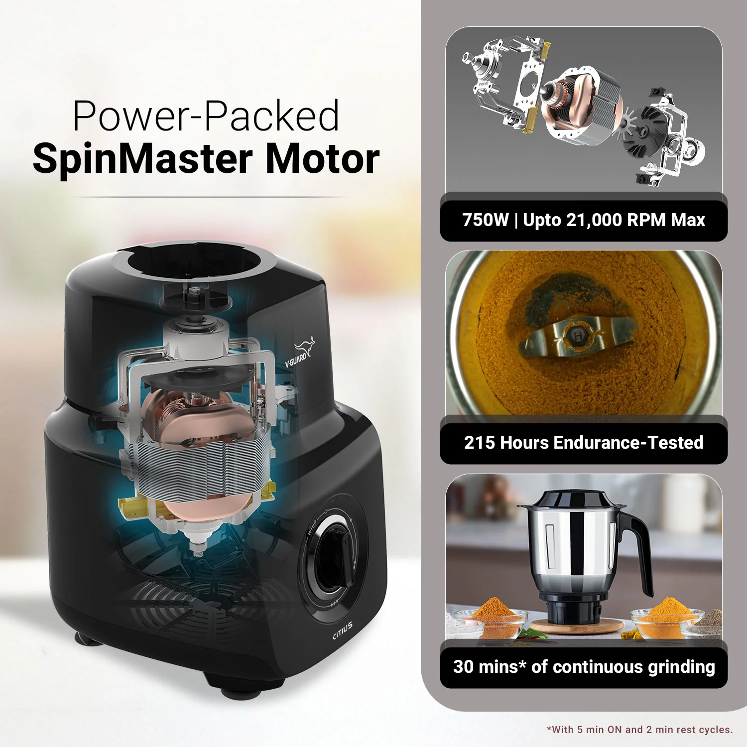 V-Guard Citius 750-Watt Juicer Mixer Grinder | 3 Year Motor Coverage by V-Guard | 4 Jars | Juicer, Wet, Chutney & Dry | Sturdy Juicer Jar | Precision Blend SS Blades | Black - Image 5