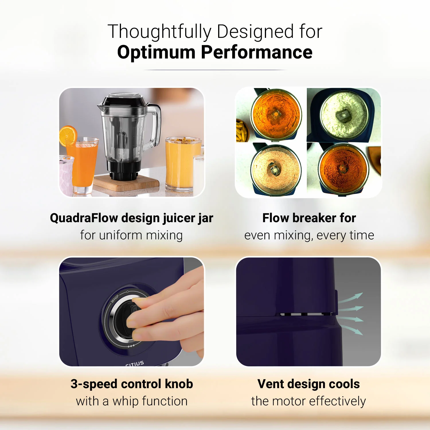 Citius 750 Watt Juicer Mixer Grinder, 3 Year Motor Warranty, 4 Jars(Chutney, Dry, Wet & Juicer), Sturdy Juicer Jar with QuadraFlow Design (Blue) - Image 4