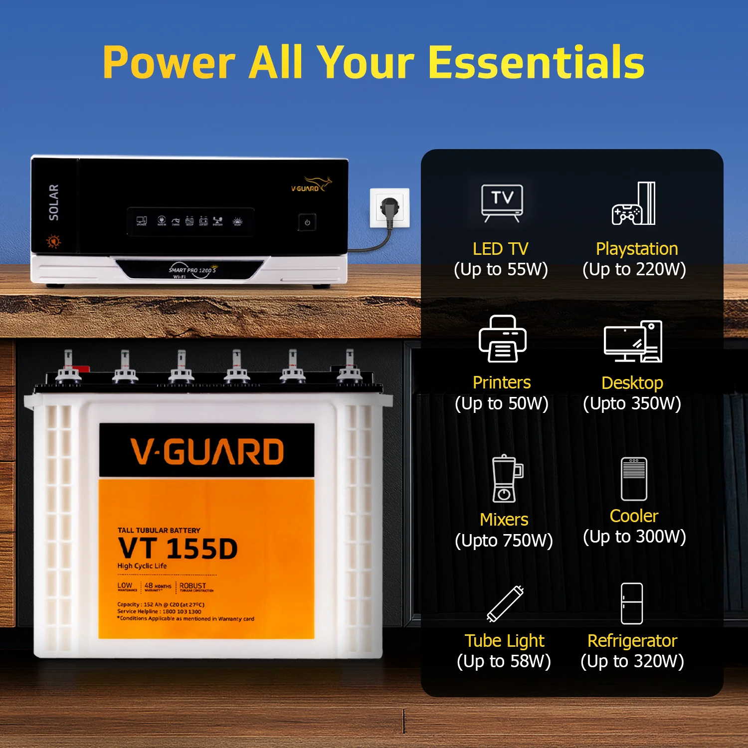 Smart Pro 1200 S Solar Inverter + VT 155D Battery Combo for Home, Office & Shops - Image 4