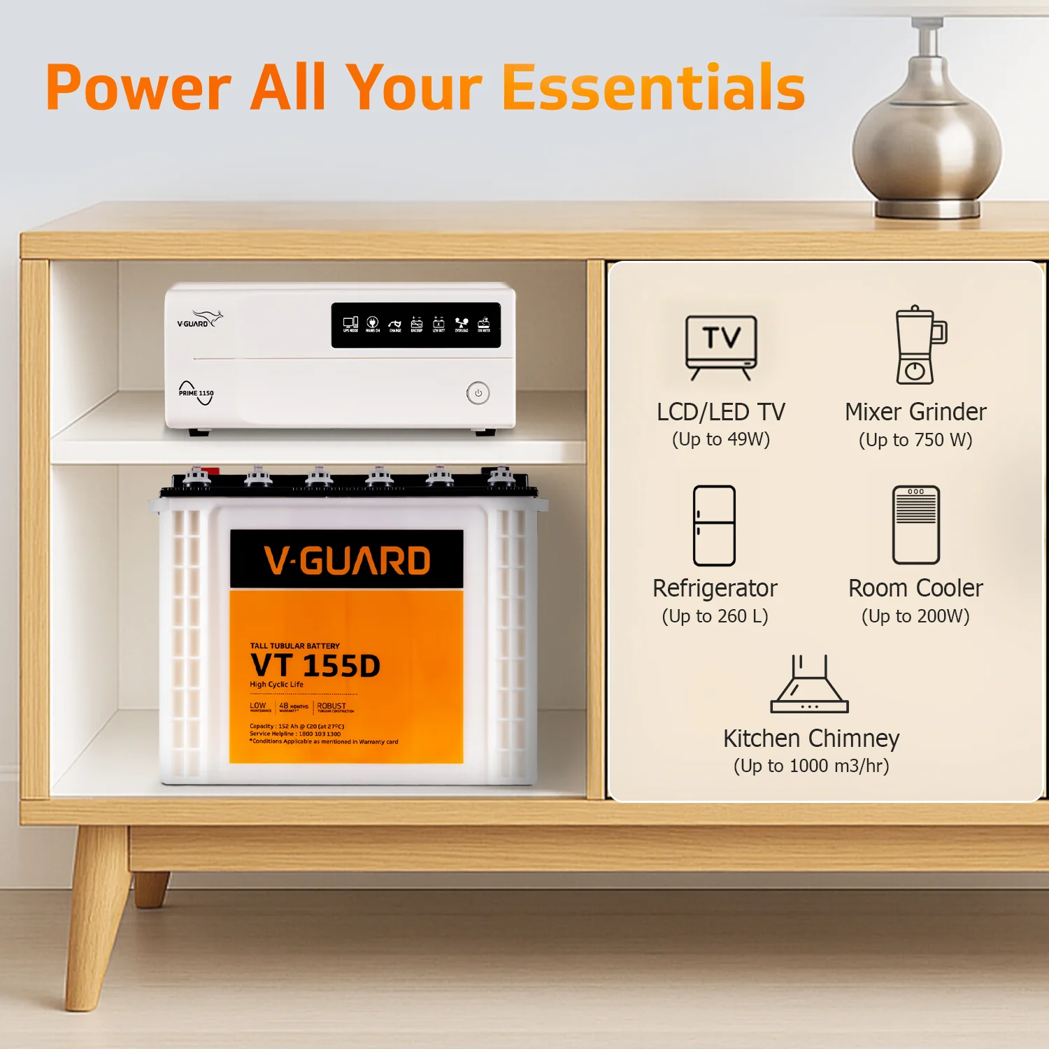 Prime 1150 Pure Sine Wave Inverter + VT 155D Battery Combo for Home, Office & Shops - Image 3