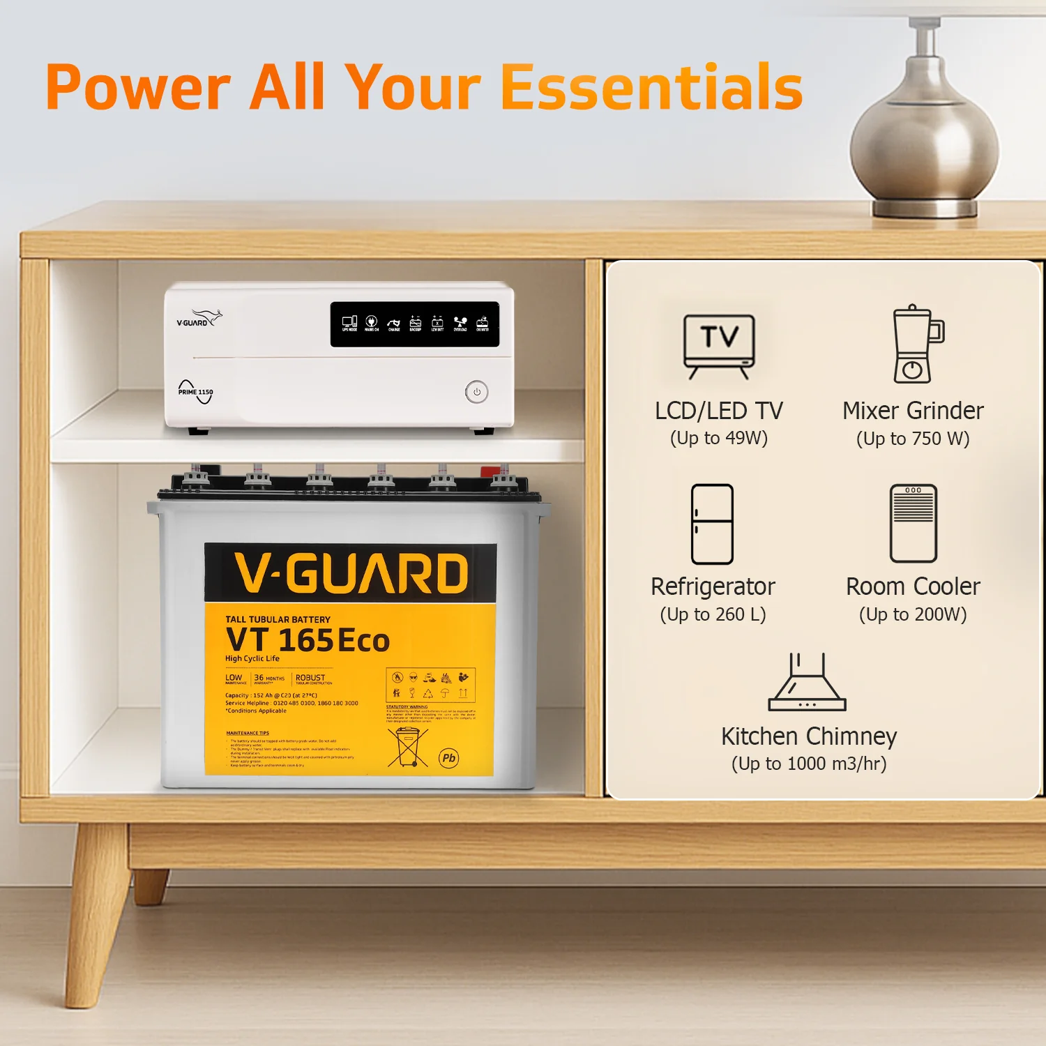 Prime 1150 Inverter and VT 165 Eco Battery Combo for Home, Office & Shops - Image 3
