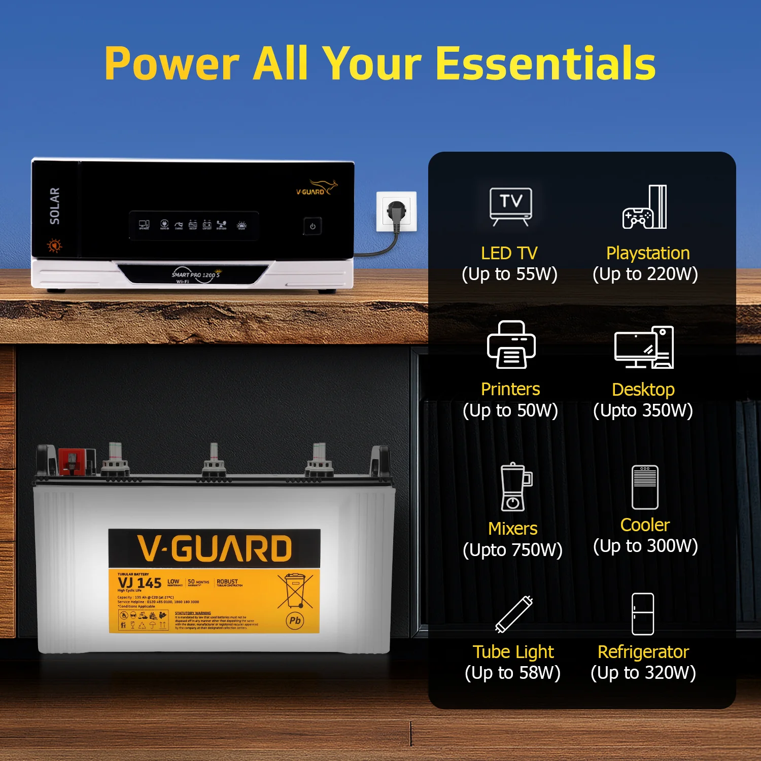 Smart Pro 1200 S Solar Inverter + VJ 145 Battery Combo for Home, Office & Shops - Image 4