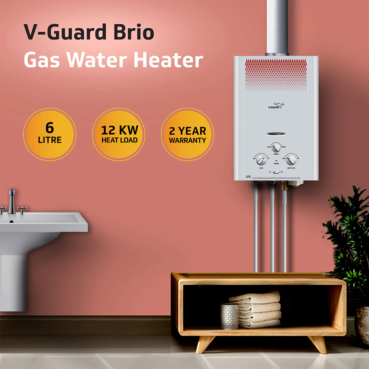 V-Guard Brio 6 Litre LPG Gas Geyser for Bathroom | 9-Layer Advanced Safety | Summer-Winter Mode | Flame & Water Control Knob | Child Safety Lock | White - Image 6