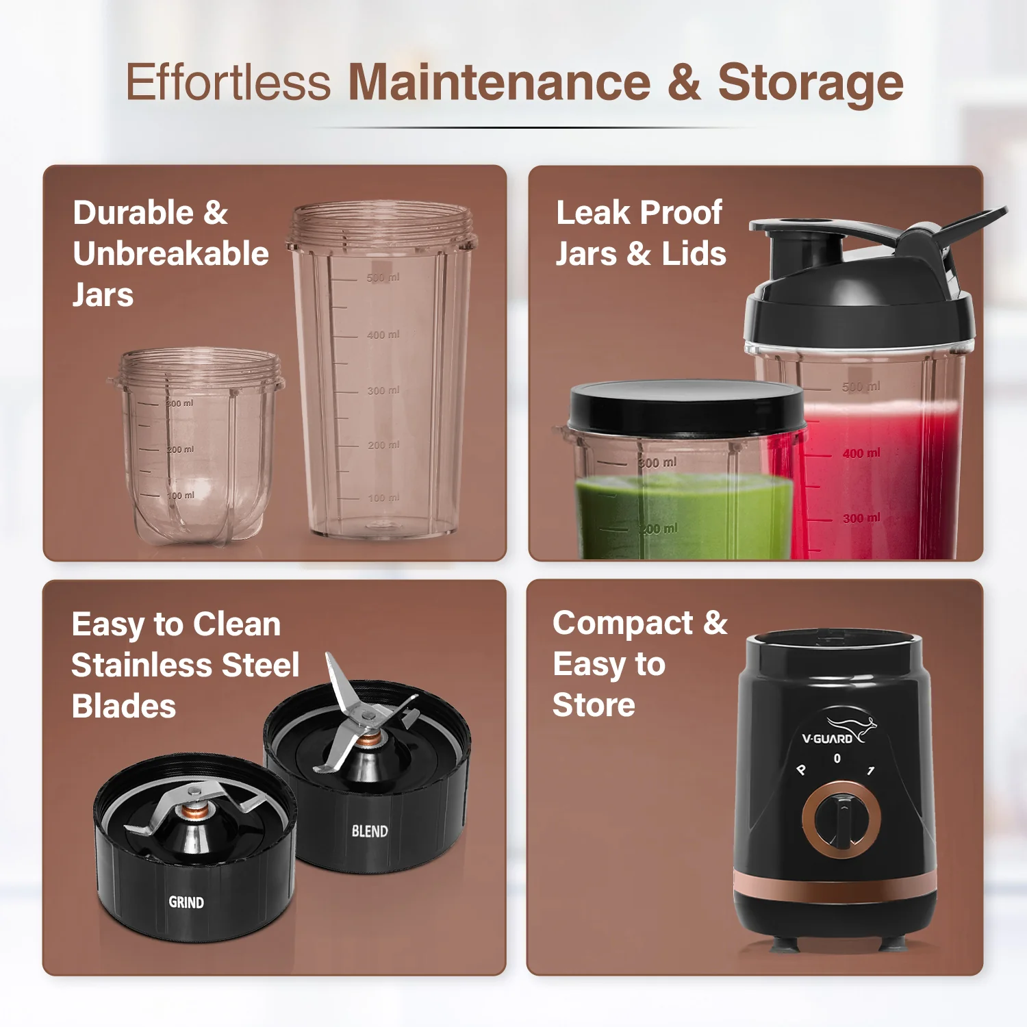 V-Guard Citius Nutri | 5 Leakproof Jars | 2 Years Product & Motor Coverage by V-Guard | 400 W Copper Motor | Upto 22,000 RPM | 1 Tall, 2 Small, 2 Sipper Jars with Storage, Seasoning & Sipper Lids | Sleek ABS Body - Image 5