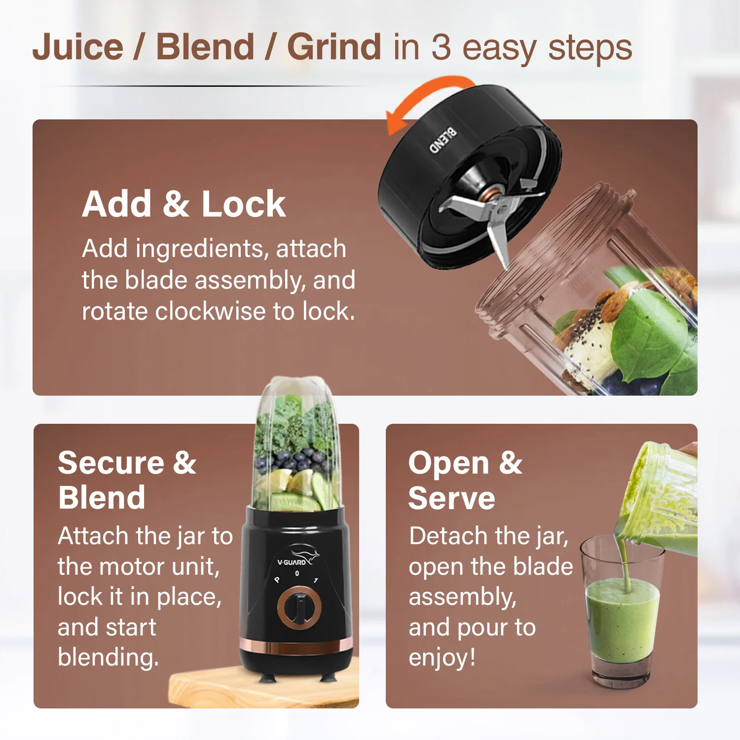 V-Guard Citius Nutri | 5 Leakproof Jars | 2 Years Product & Motor Coverage by V-Guard | 400 W Copper Motor | Upto 22,000 RPM | 1 Tall, 2 Small, 2 Sipper Jars with Storage, Seasoning & Sipper Lids | Sleek ABS Body - Image 7