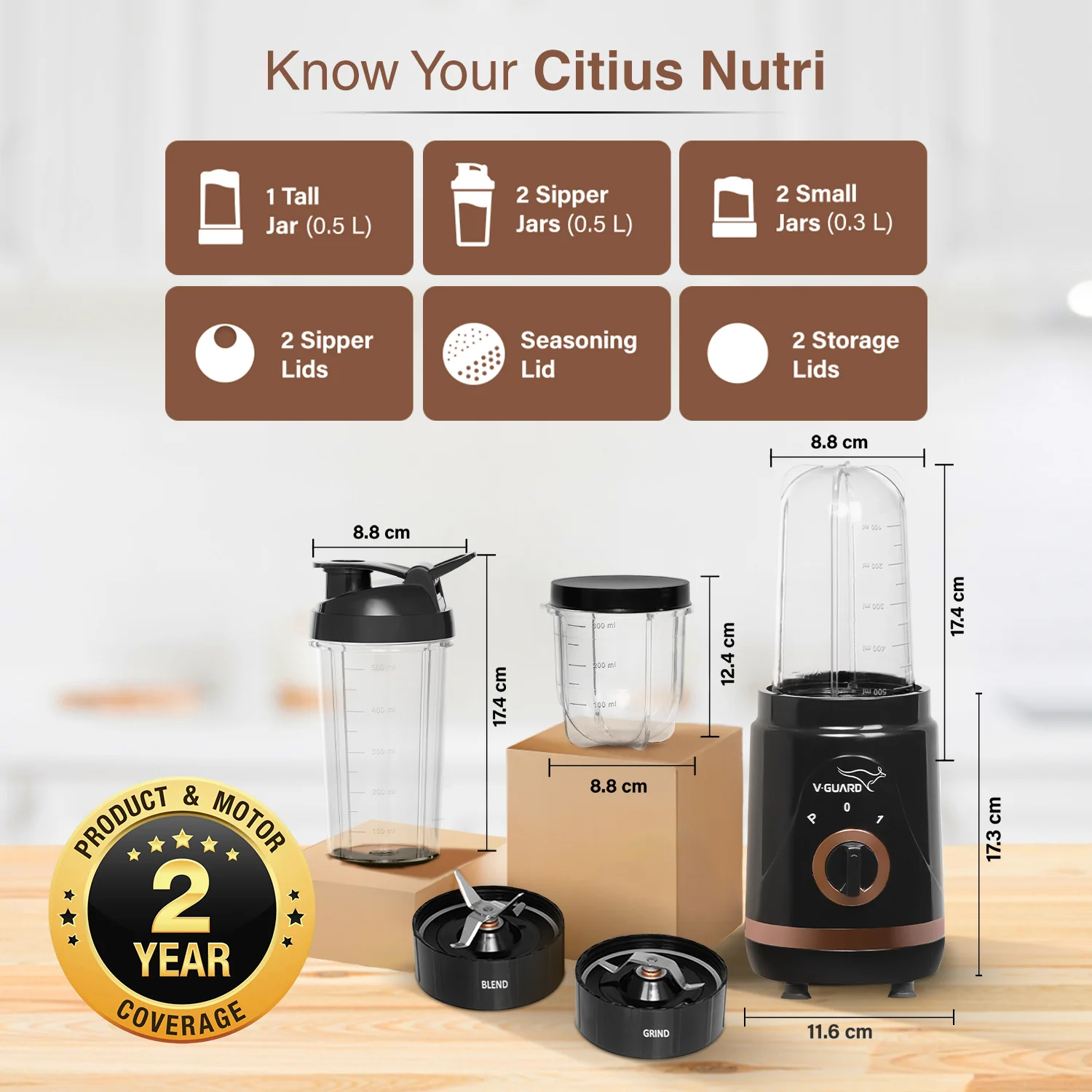 V-Guard Citius Nutri | 5 Leakproof Jars | 2 Years Product & Motor Coverage by V-Guard | 400 W Copper Motor | Upto 22,000 RPM | 1 Tall, 2 Small, 2 Sipper Jars with Storage, Seasoning & Sipper Lids | Sleek ABS Body - Image 8