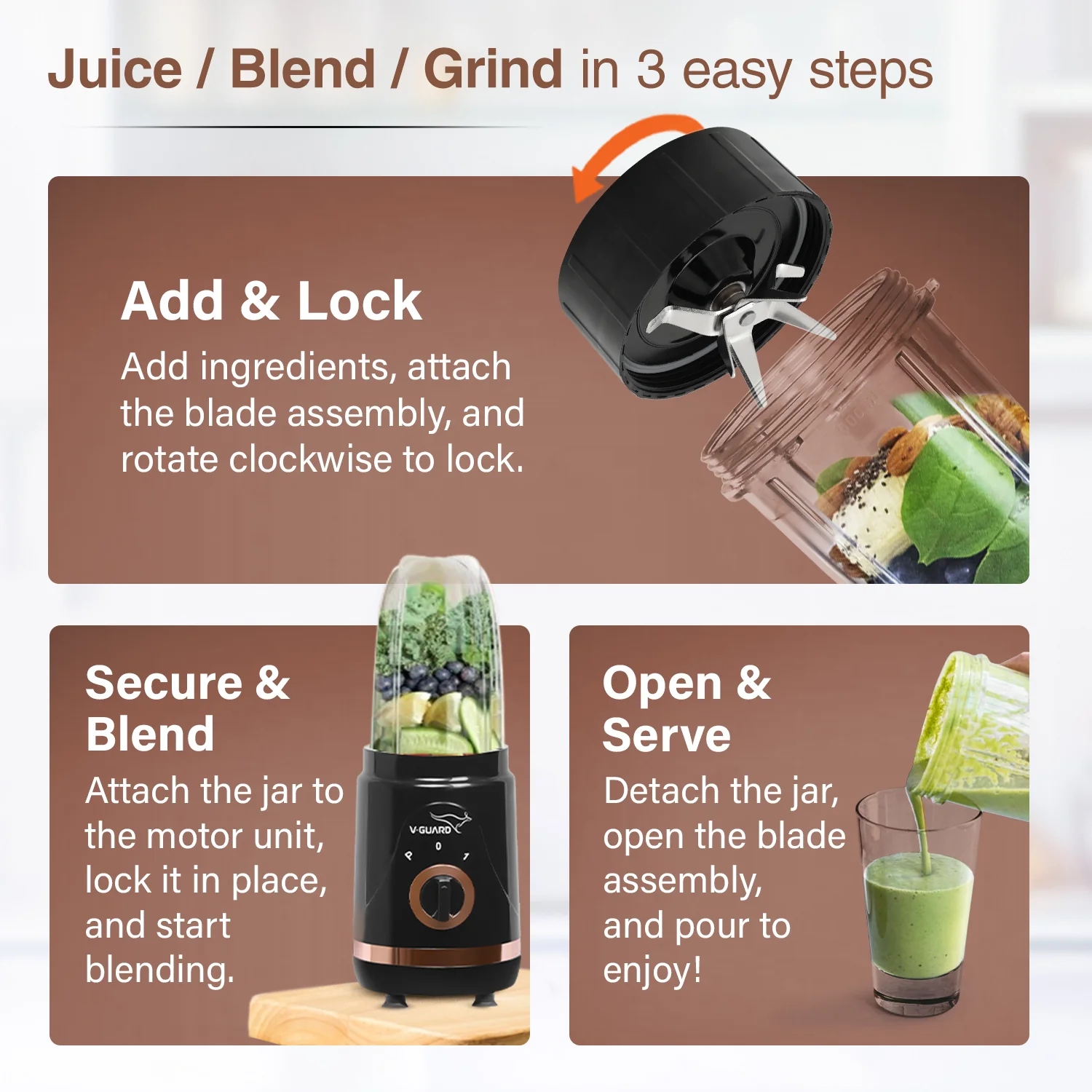 V-Guard Citius Nutri Blender | Bullet Mixer Grinder Juicer | 2 Leakproof Jars | 2 Years Product & Motor Coverage by V-Guard | 400 W Copper Motor | Up to 22,000 RPM | 1 Storage & 1 Sipper Lid - Image 7