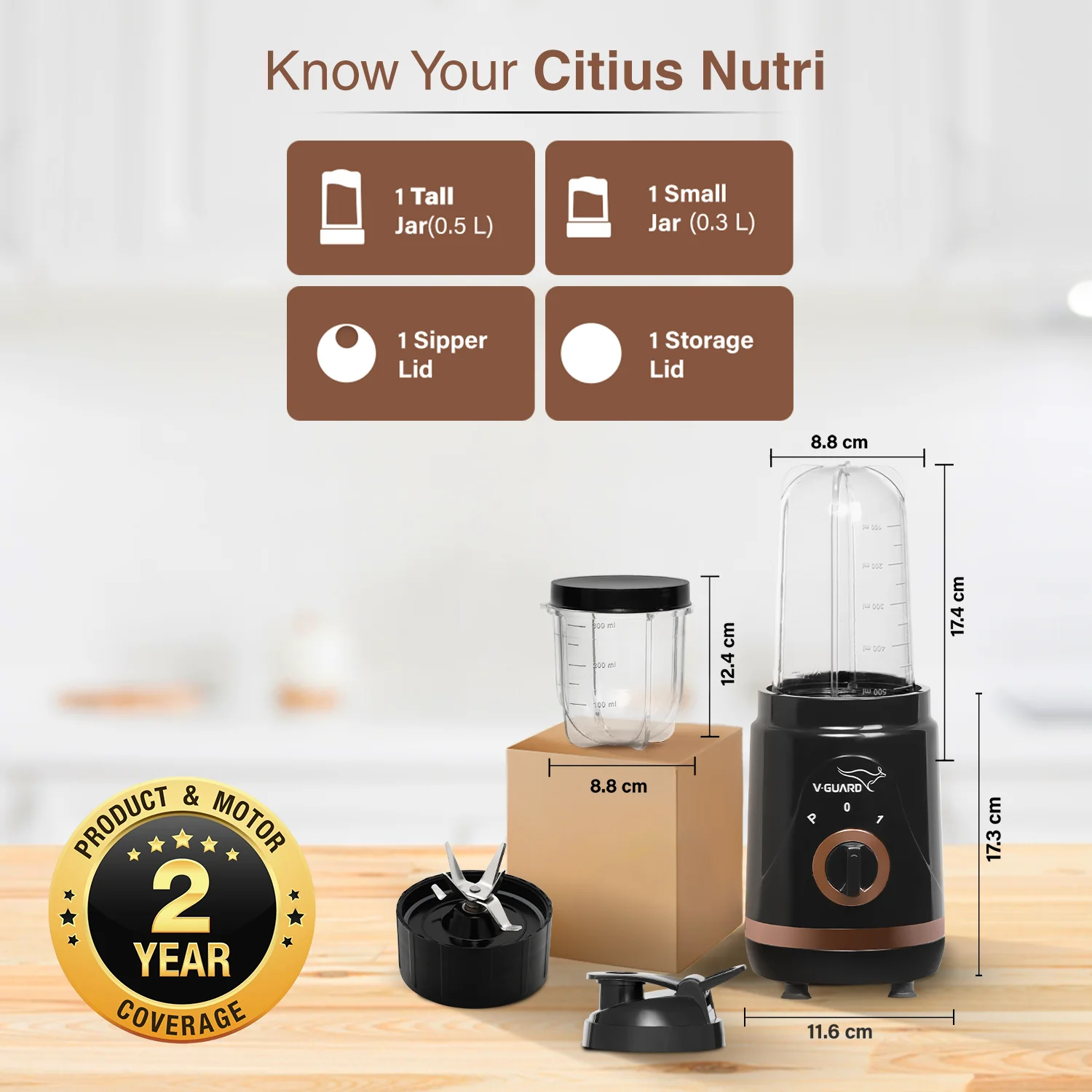 V-Guard Citius Nutri Blender | Bullet Mixer Grinder Juicer | 2 Leakproof Jars | 2 Years Product & Motor Coverage by V-Guard | 400 W Copper Motor | Up to 22,000 RPM | 1 Storage & 1 Sipper Lid - Image 8