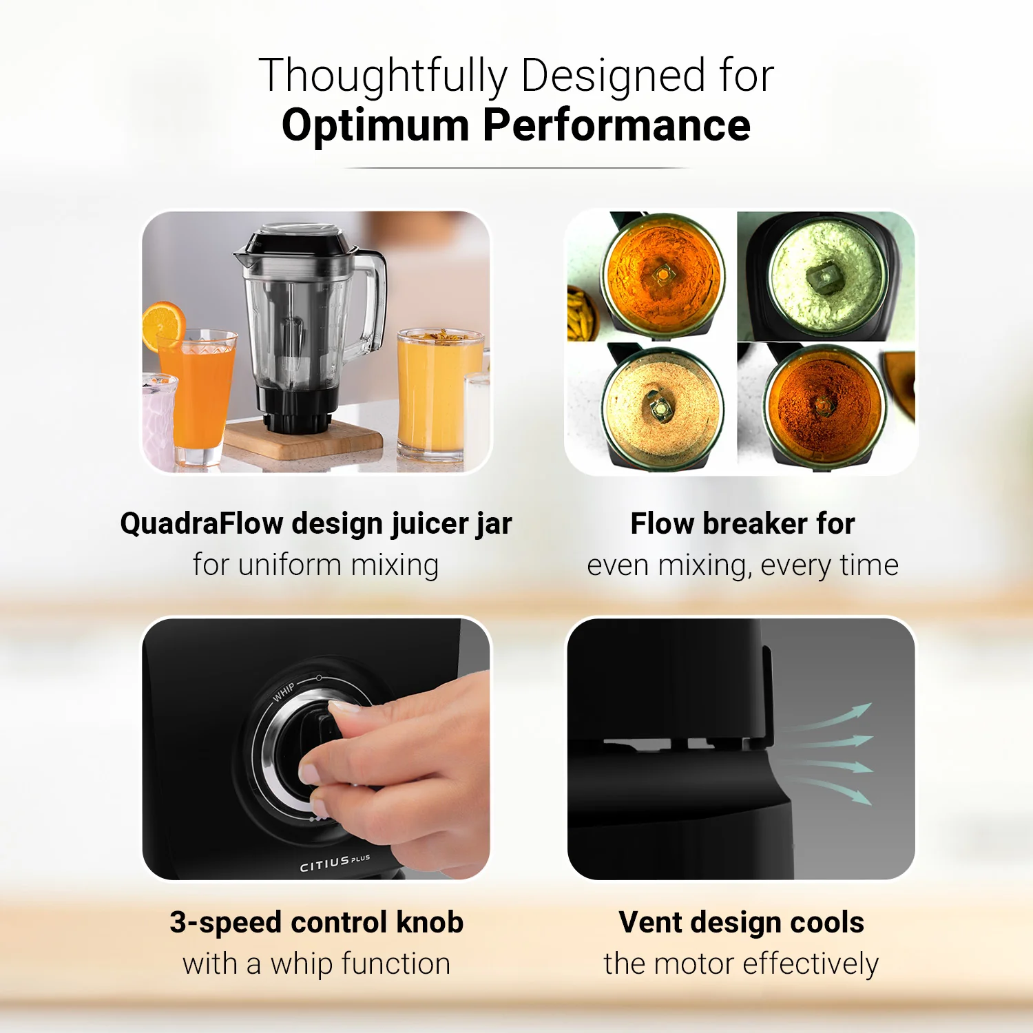 V-Guard Citius Plus 750 Watt Juicer Mixer Grinder | 3 Year Motor Coverage by VGuard | 5 Jars | Sturdy Juicer Jar with QuadraFlow Design | Precision Blend SS Blades, Black - Image 4