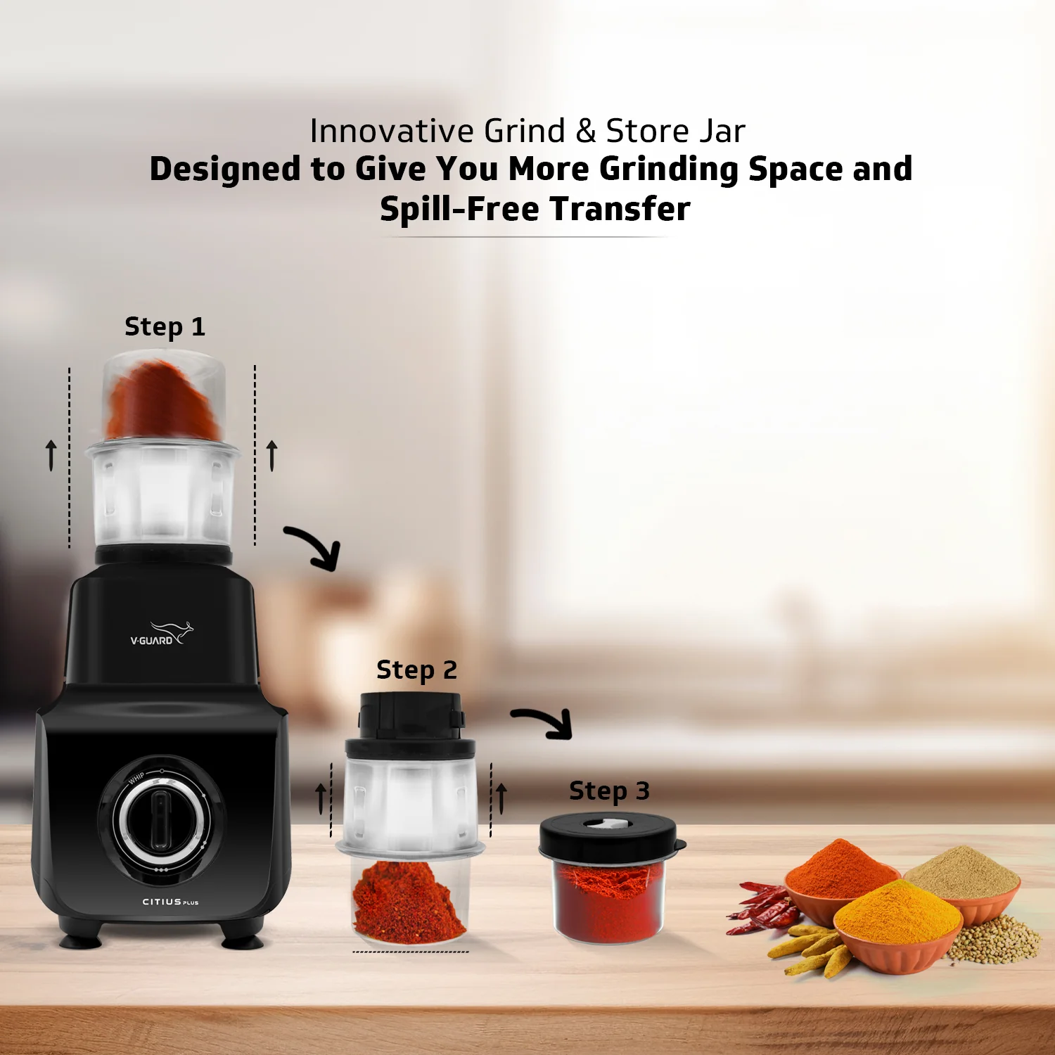 V-Guard Citius Plus 750 Watt Juicer Mixer Grinder | 3 Year Motor Coverage by VGuard | 5 Jars | Sturdy Juicer Jar with QuadraFlow Design | Precision Blend SS Blades, Black - Image 5