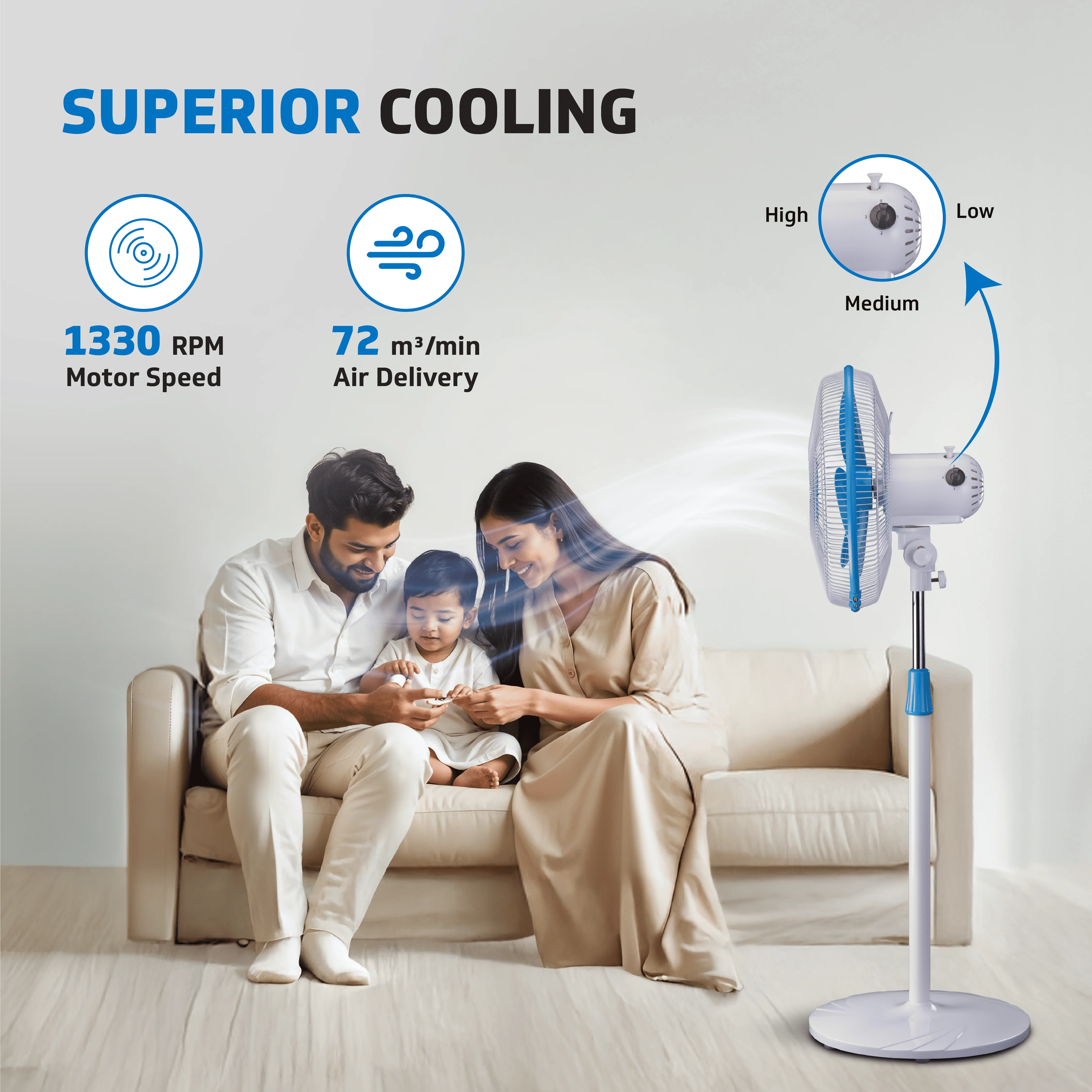 V-Guard Esfera STS Neo Pedestal Fan | 1330 RPM Motor | Customisable Tilt And Oscillation Control | White Blue | 40 cm (400mm) - Image 3