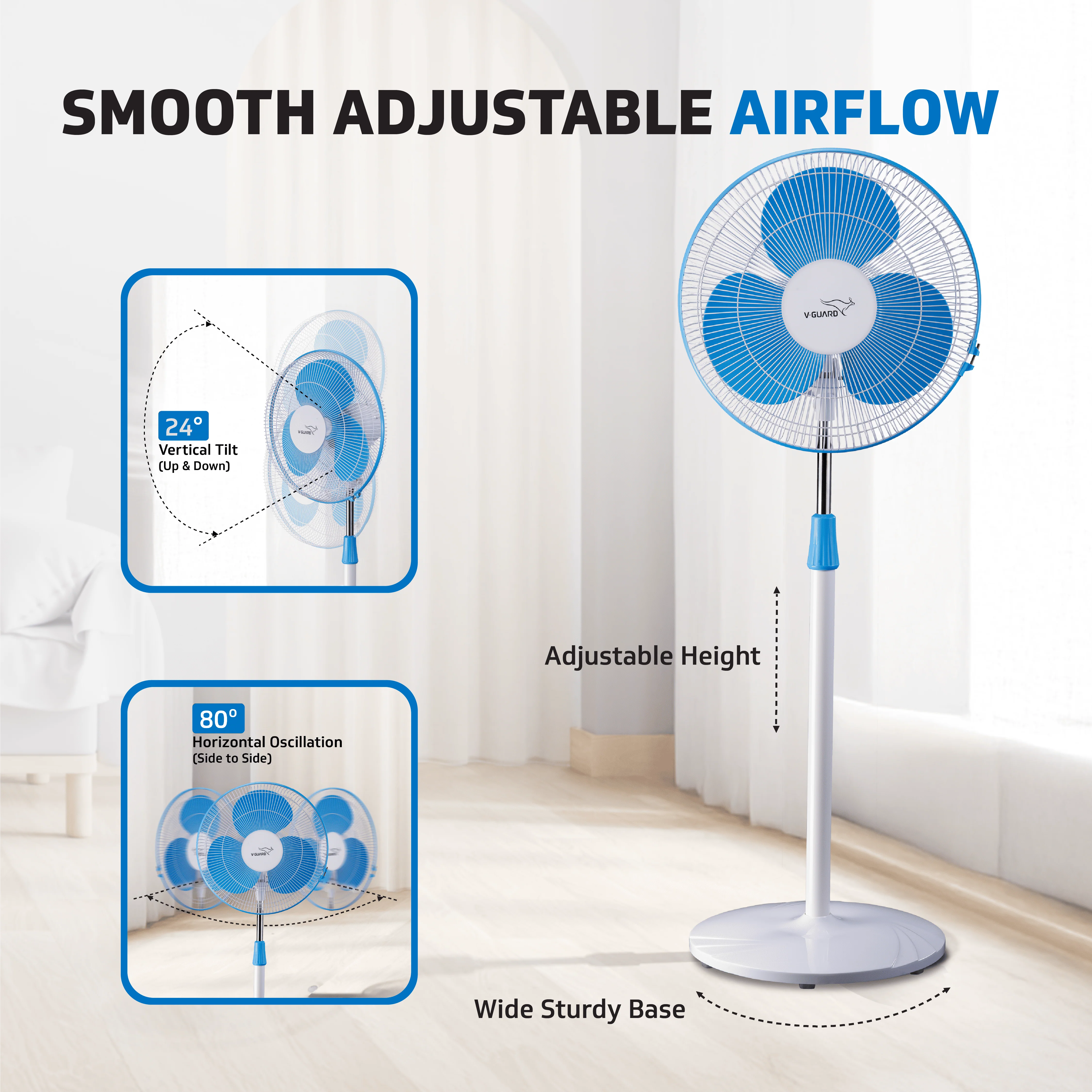 V-Guard Esfera STS Neo Pedestal Fan | 1330 RPM Motor | Customisable Tilt And Oscillation Control | White Blue | 40 cm (400mm) - Image 5