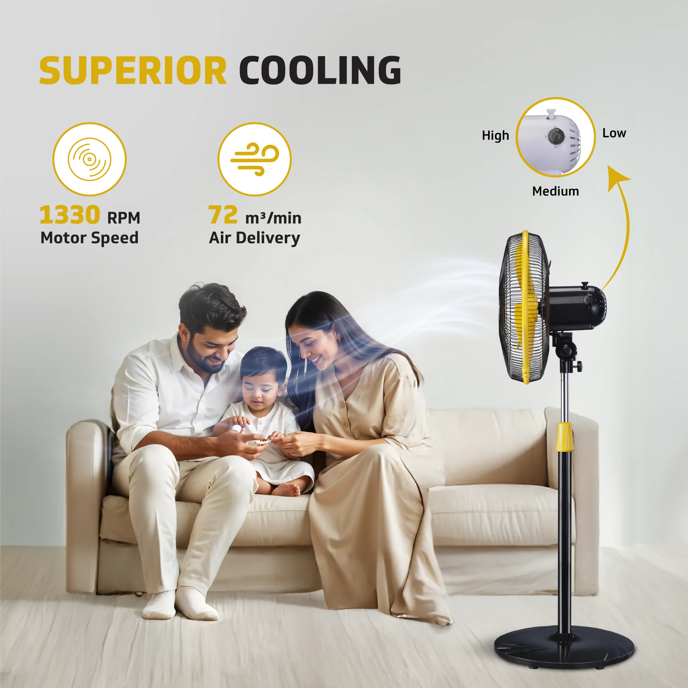 V-Guard Esfera STS Neo Pedestal Fan | 1330 RPM Motor | Customisable Tilt And Oscillation Control | Yellow Black | 40 cm (400mm) - Image 3