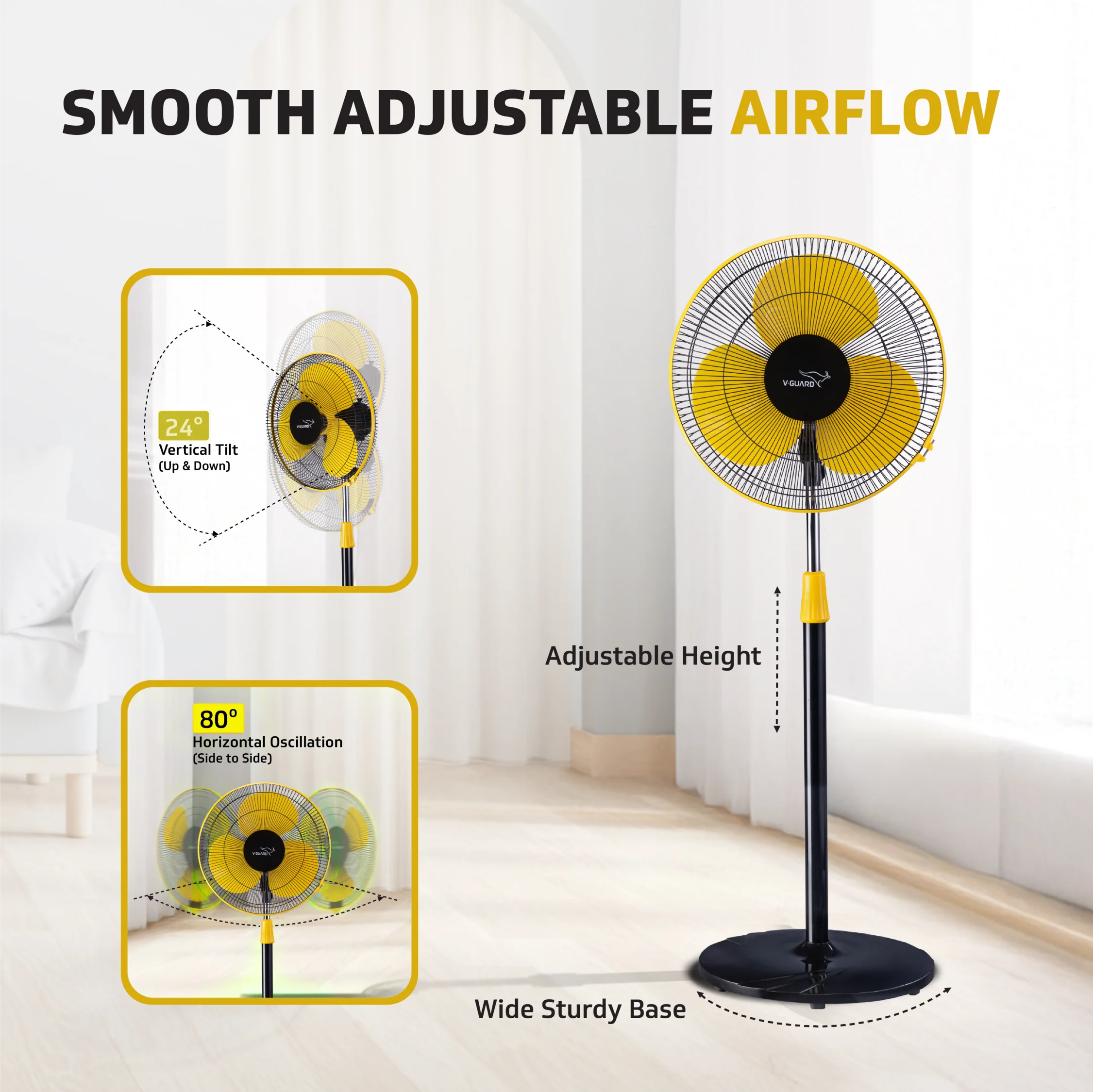 V-Guard Esfera STS Neo Pedestal Fan | 1330 RPM Motor | Customisable Tilt And Oscillation Control | Yellow Black | 40 cm (400mm) - Image 5