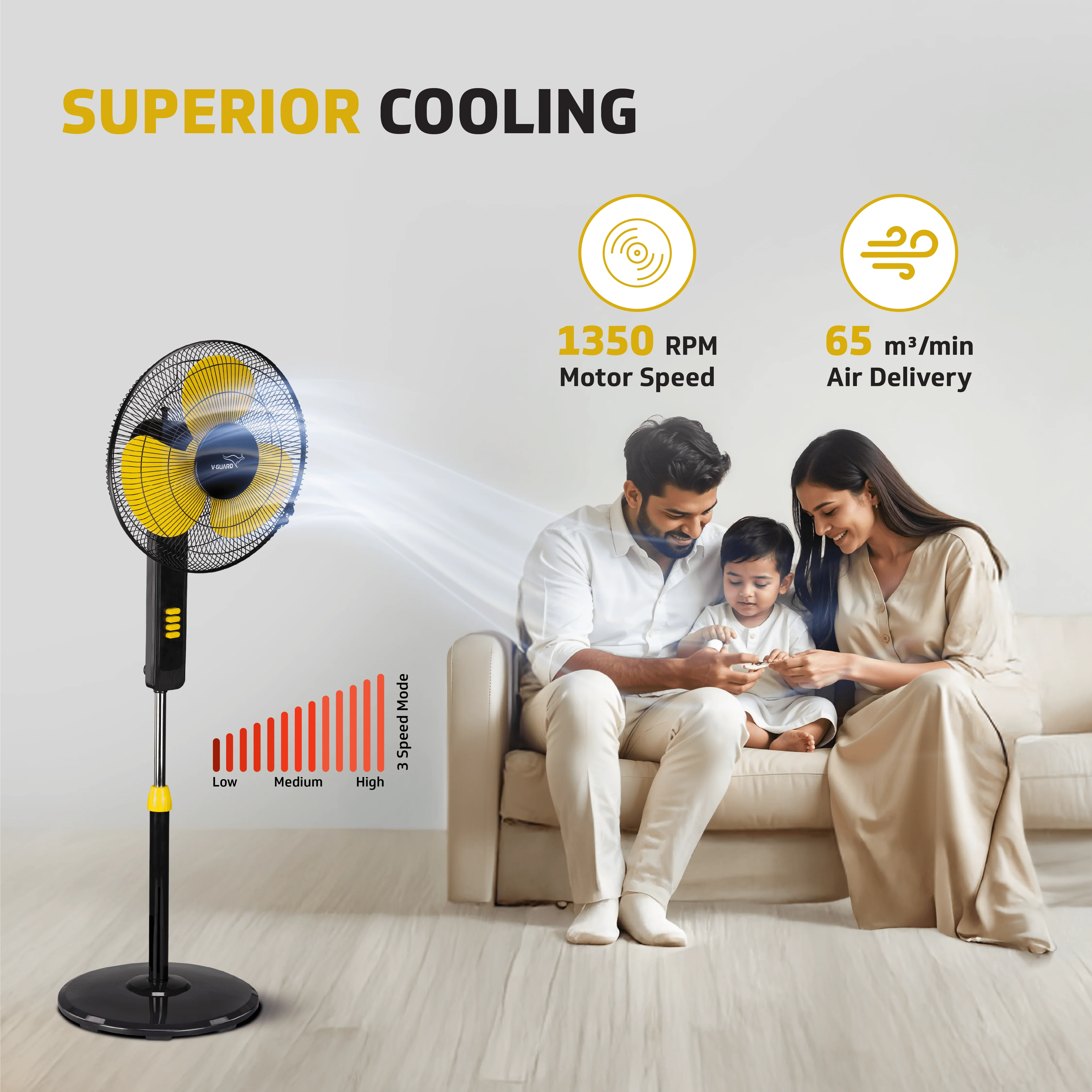 V-Guard Esfera STS Plus Neo Pedestal Cum Table Fan | Versatile 2-In-1 Operation | 1350 RPM Motor | Customisable Tilt And Oscillation Control | Yellow Black | 40 cm (400mm) - Image 3