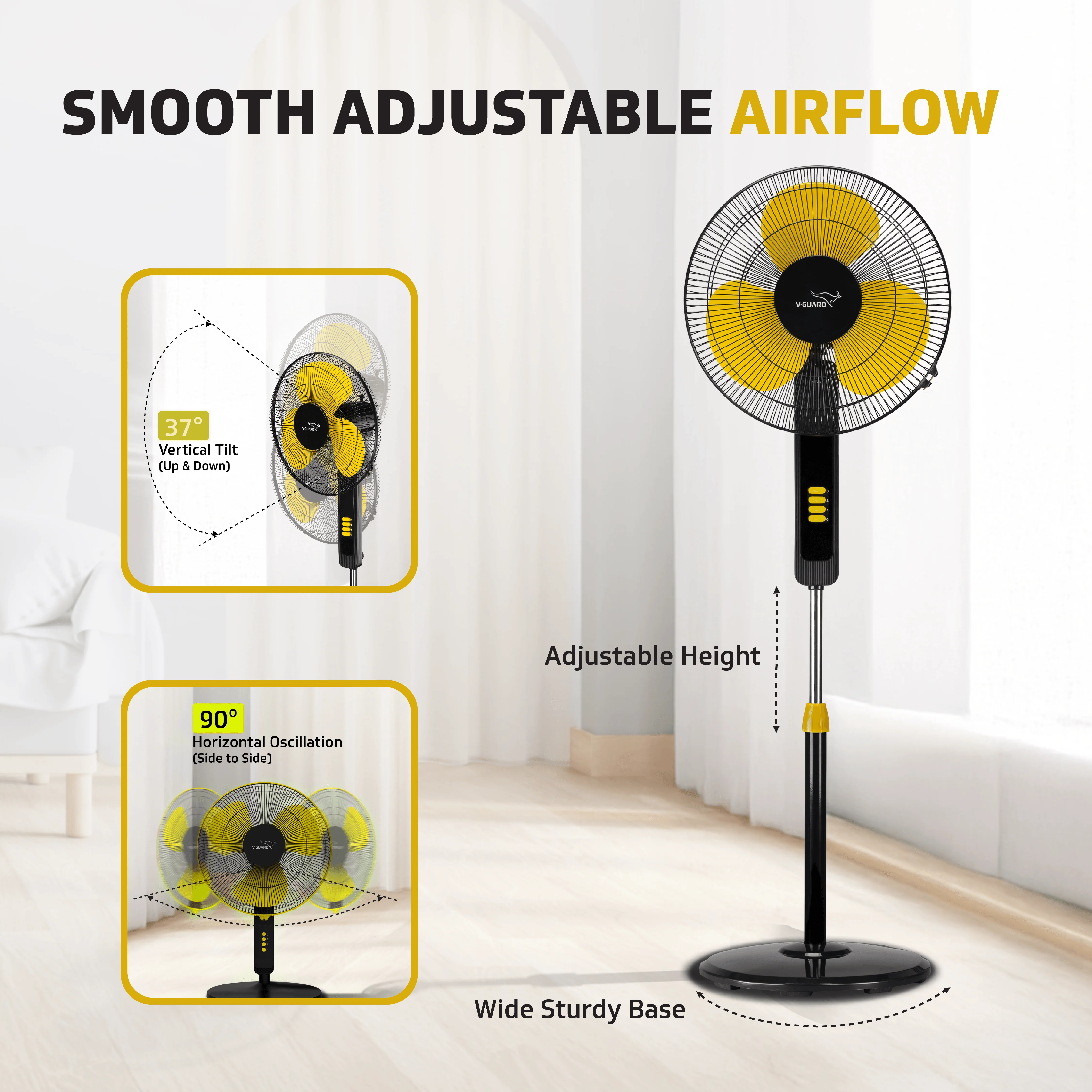 V-Guard Esfera STS Plus Neo Pedestal Cum Table Fan | Versatile 2-In-1 Operation | 1350 RPM Motor | Customisable Tilt And Oscillation Control | Yellow Black | 40 cm (400mm) - Image 5
