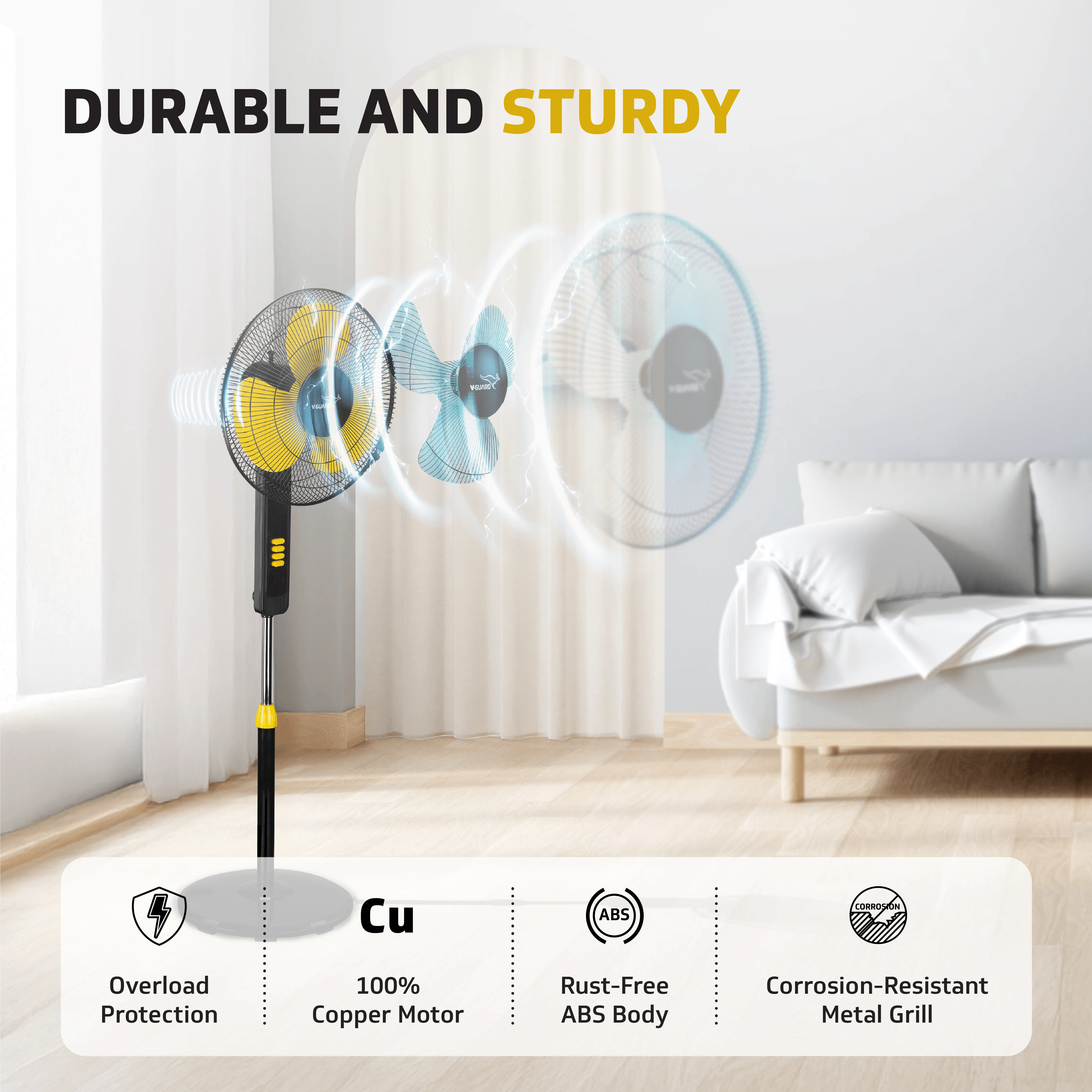 V-Guard Esfera STS Plus Neo Pedestal Cum Table Fan | Versatile 2-In-1 Operation | 1350 RPM Motor | Customisable Tilt And Oscillation Control | Yellow Black | 40 cm (400mm) - Image 6
