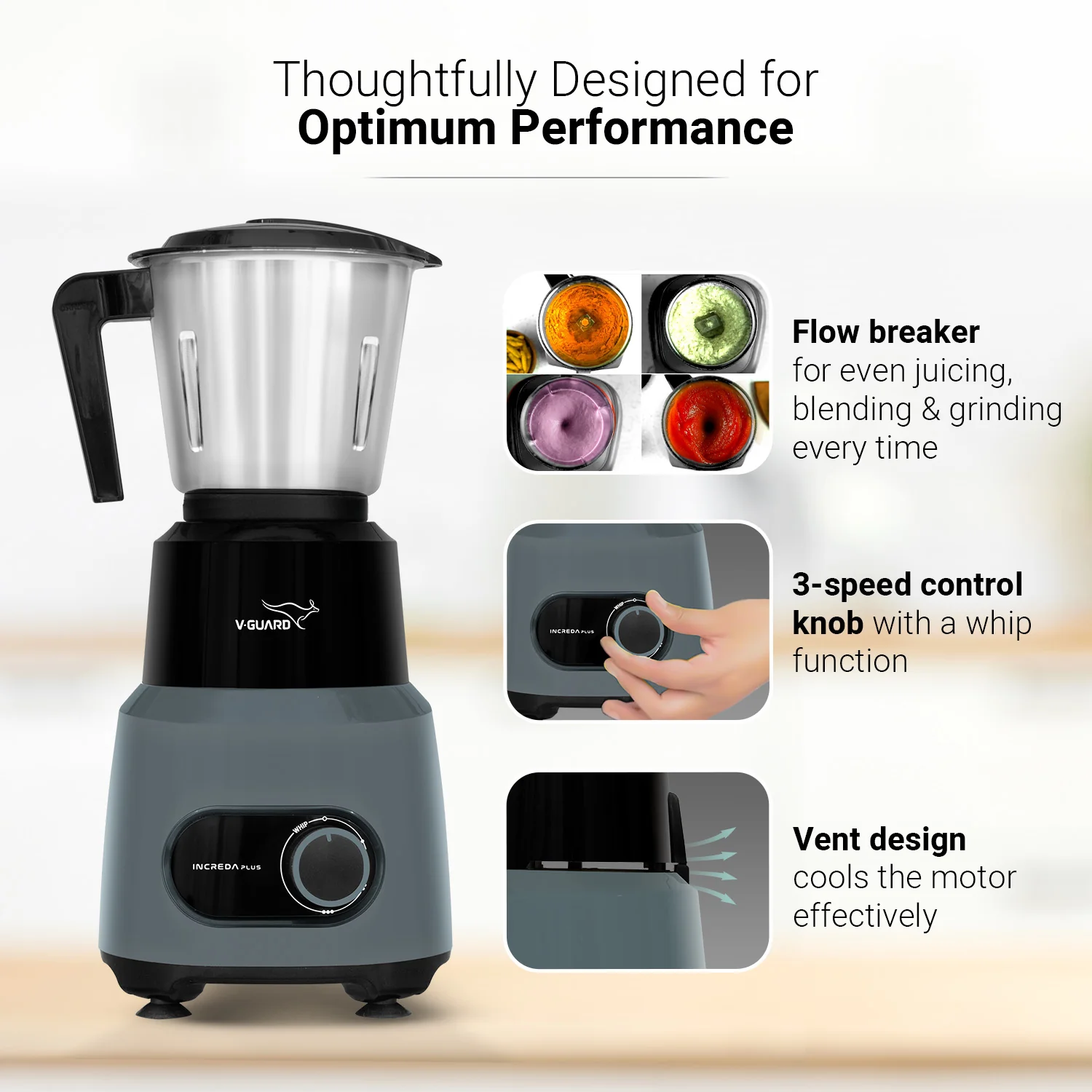 V-Guard Increda Plus 500 Watt Bullet Juicer Mixer Grinder | 2 Year Motor Warranty | 4 Jars (Bullet, Wet, Dry and Chutney) | Stainless Steel Blades | Bullet Jar with Sipper Lid. - Image 3