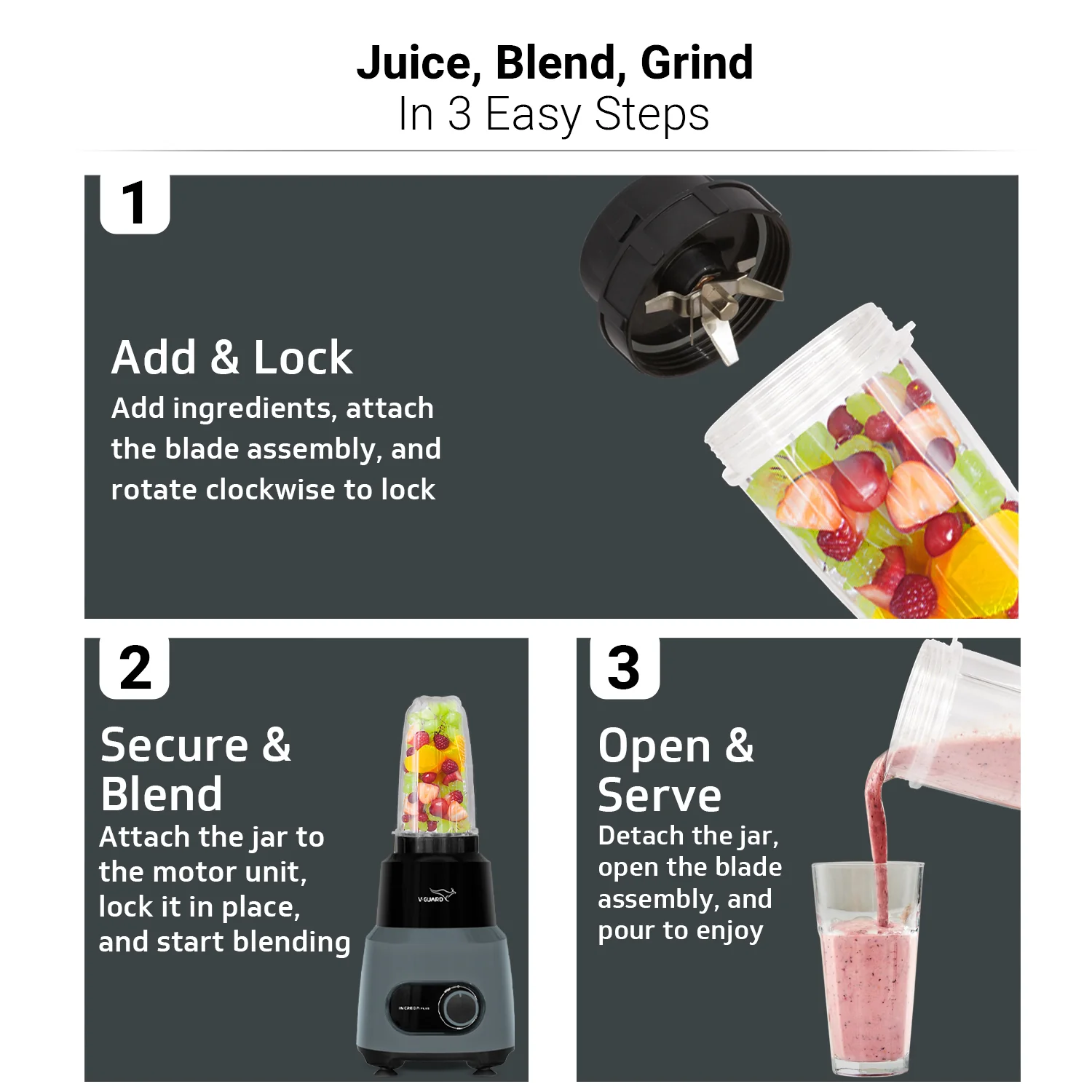 V-Guard Increda Plus 500 Watt Bullet Juicer Mixer Grinder | 2 Year Motor Warranty | 4 Jars (Bullet, Wet, Dry and Chutney) | Stainless Steel Blades | Bullet Jar with Sipper Lid. - Image 5