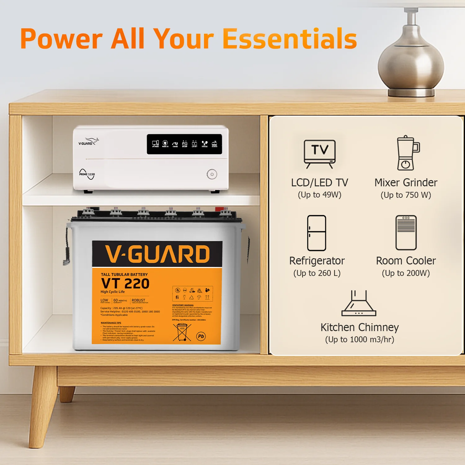 V-Guard Inverter & Battery Combo (1150 Pure Sine Wave 1000VA/12V Inverter, VT 220 (205 Ah Tall Tubular Battery) for Home, Office & Shops - Image 3