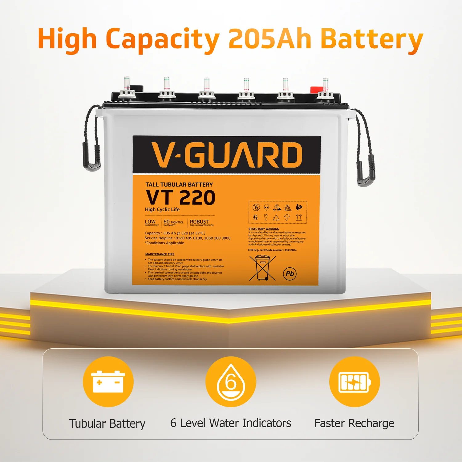 V-Guard Inverter & Battery Combo (1150 Pure Sine Wave 1000VA/12V Inverter, VT 220 (205 Ah Tall Tubular Battery) for Home, Office & Shops - Image 4