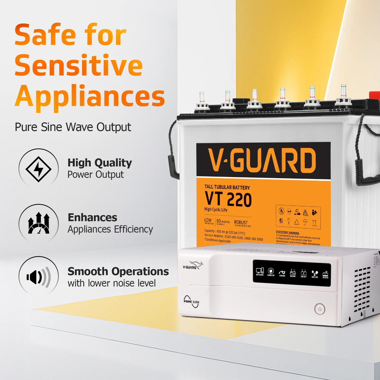V-Guard Inverter & Battery Combo (1150 Pure Sine Wave 1000VA/12V Inverter, VT 220 (205 Ah Tall Tubular Battery) for Home, Office & Shops - Image 6