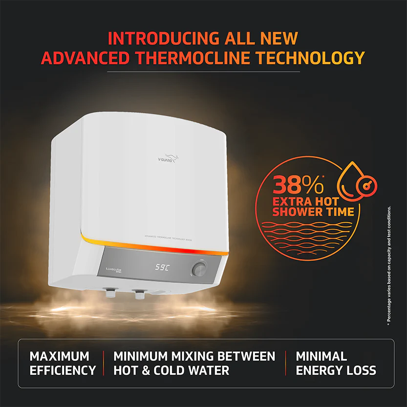 V-Guard Luxecube Avo DG Geyser 15 Ltr | Digital Display | Up to 38% More Hot Water: Advanced Thermocline Technology | 5 Star Rating | 7 Year Tank Warranty from V-Guard | Luxe Glow Illumination | White - Image 3