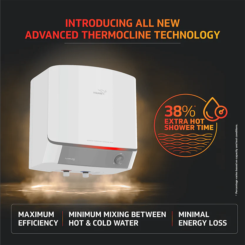 V-Guard Luxecube Avo Geyser 15 Ltr Water Heater | Up to 38% More Hot Water with Advanced Thermocline Technology | 5 Star Rating | 7 Year Tank Warranty from V-Guard | Luxe Glow Illumination | White - Image 3