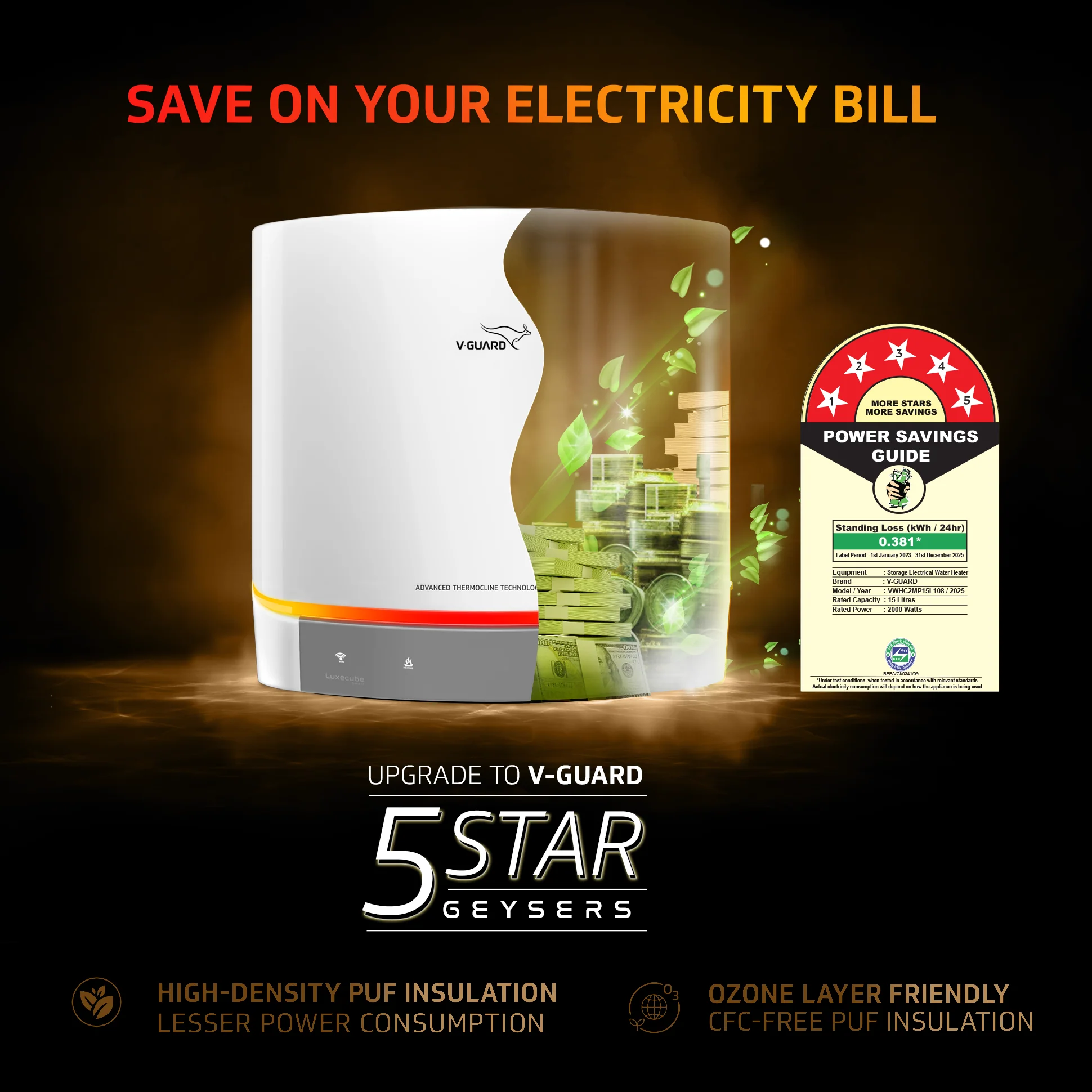 V-Guard Luxecube Avo Smart 15 Litre Geyser | Up to 38% More Hot Water | Dynamic Luxe Glow Pro Illumination | BEE 5 Star Rating | 3 Year Product & 10 Year Tank Warranty from V-Guard | White - Image 4