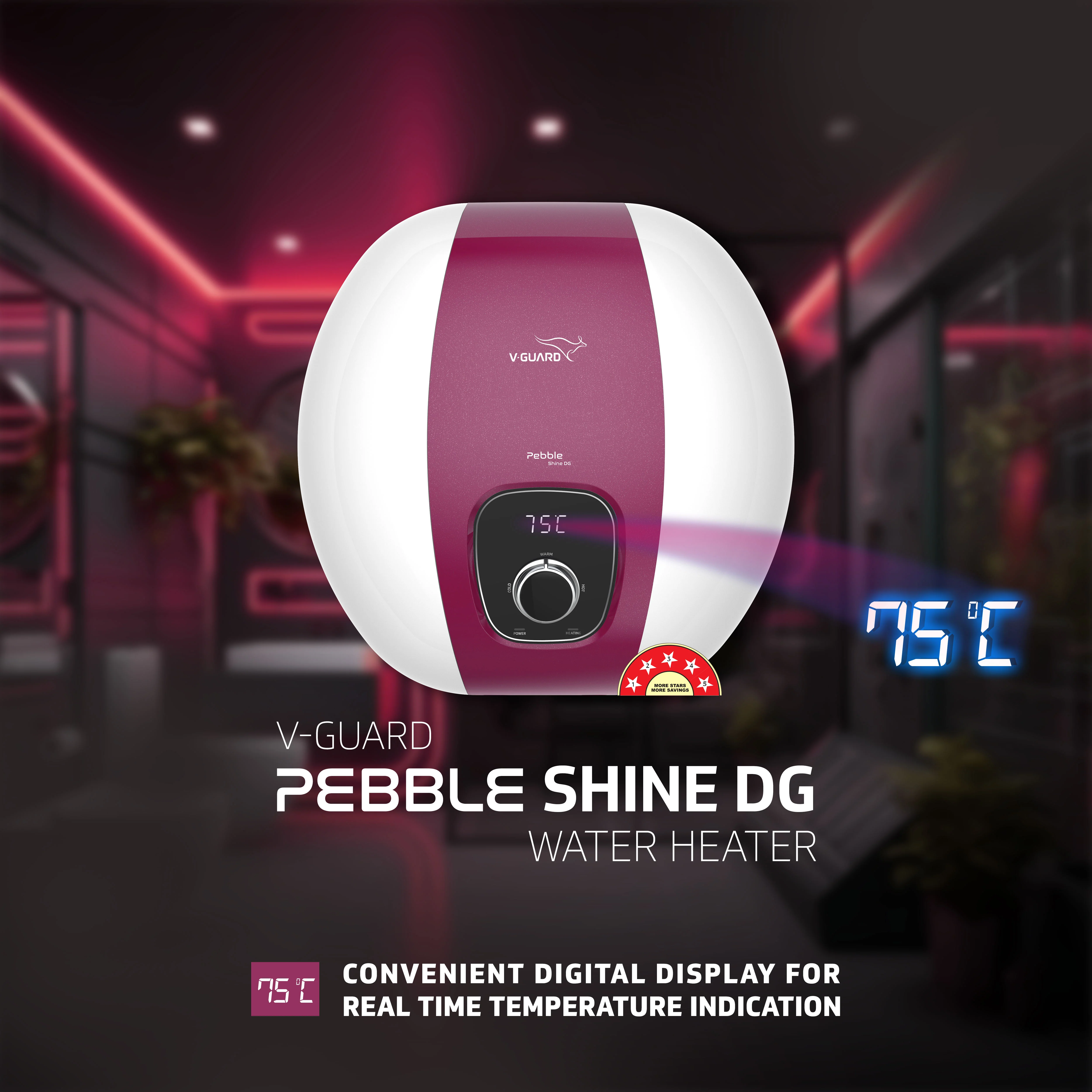 V-Guard Pebble Shine DG 15 Litre Water Heater Geyser with Digital Display | BEE 5 Star Rating | Free PAN India Installation & Connection Pipes - Image 7