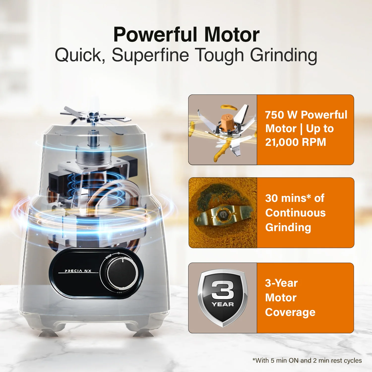 V-Guard Precia NX 750 W Juicer Mixer Grinder | 3-Year Motor Coverage | 4 Versatile Jars | Juicer, Large, Medium & Small | Compact ABS Body | SS Rust-Resistant Blades - Image 3