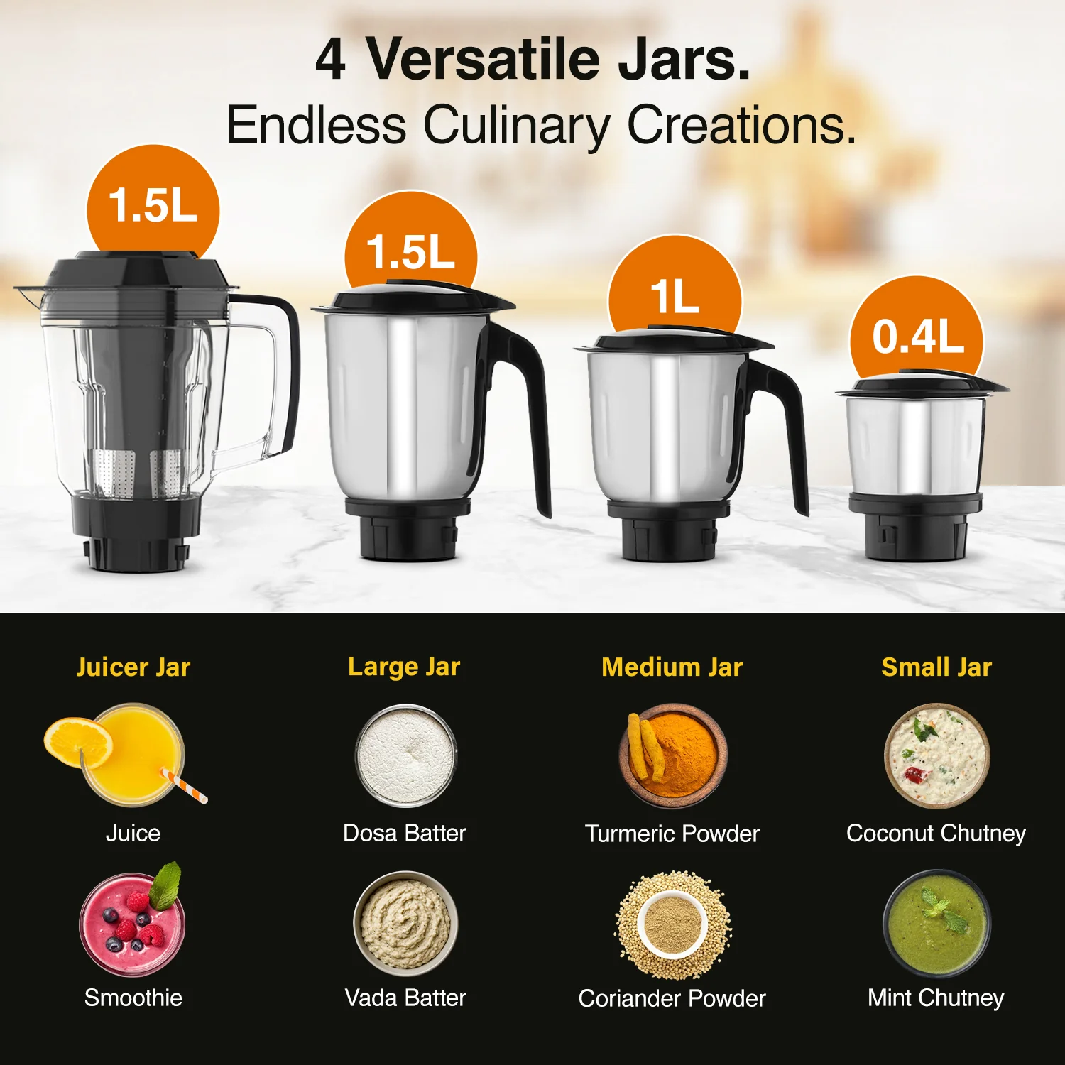 V-Guard Precia NX 750 W Juicer Mixer Grinder | 3-Year Motor Coverage | 4 Versatile Jars | Juicer, Large, Medium & Small | Compact ABS Body | SS Rust-Resistant Blades - Image 5