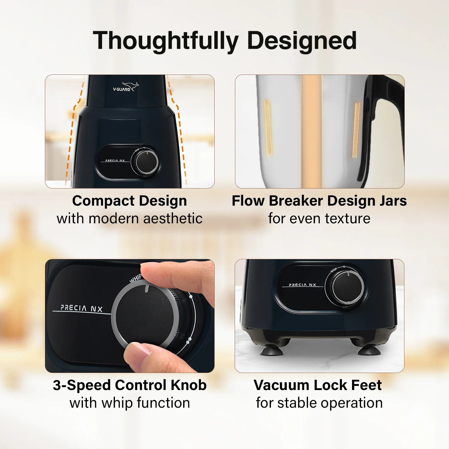 V-Guard Precia NX 750 W Juicer Mixer Grinder | 3-Year Motor Coverage | 4 Versatile Jars | Juicer, Large, Medium & Small | Compact ABS Body | SS Rust-Resistant Blades - Image 6