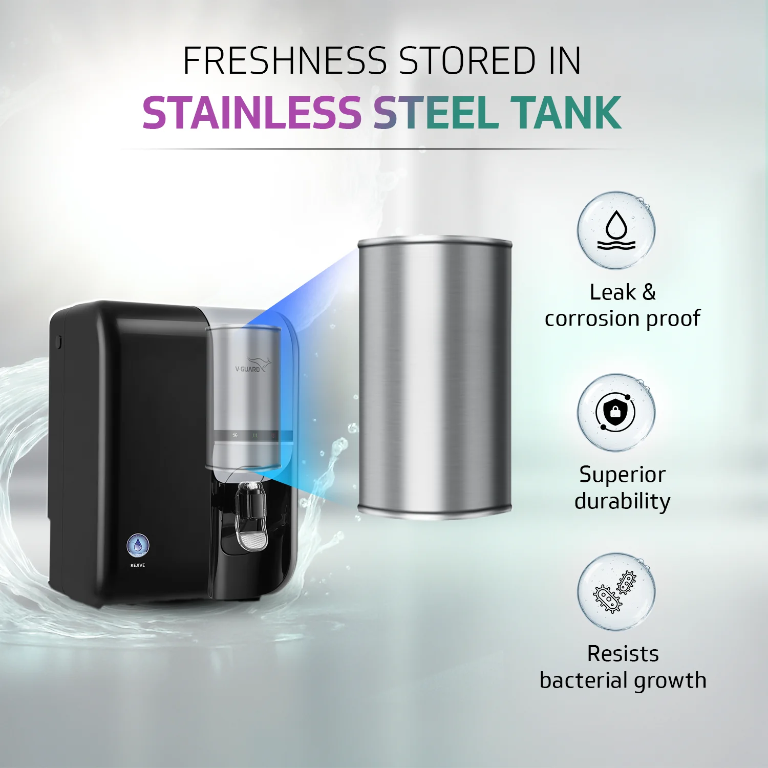 V-Guard Rejive 2X RO UV UF Alkaline Water Purifier with Stainless Steel Tank | No Service Cost for 2 Years: True Unconditional Warranty | 9 Stage | Triple Powered Alkaline Health Charger | 5.5 L - Image 4