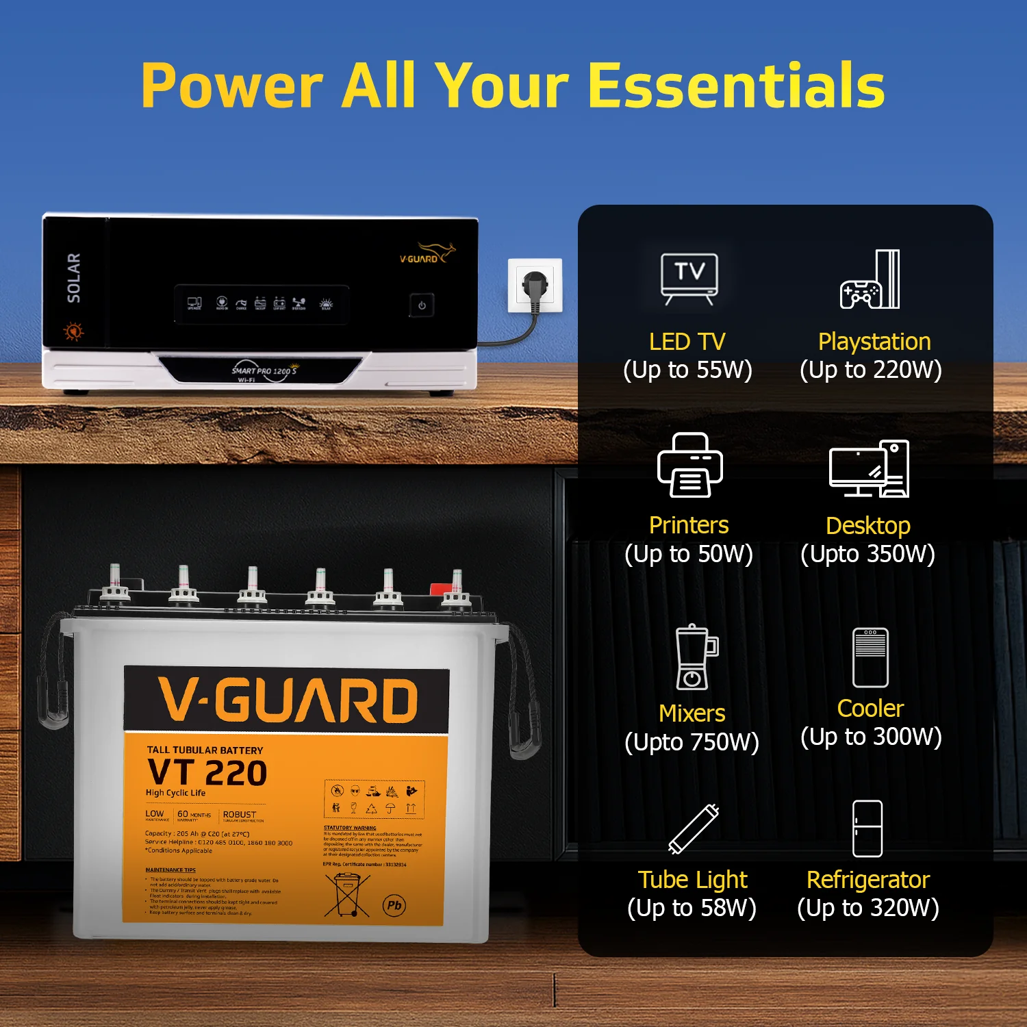 V-Guard Smart Inverter & Battery Combo (Smart Pro 1200 S Solar Inverter with VT 220 (205Ah Tall Tubular Battery)) for Home, Office & Shops - Image 4