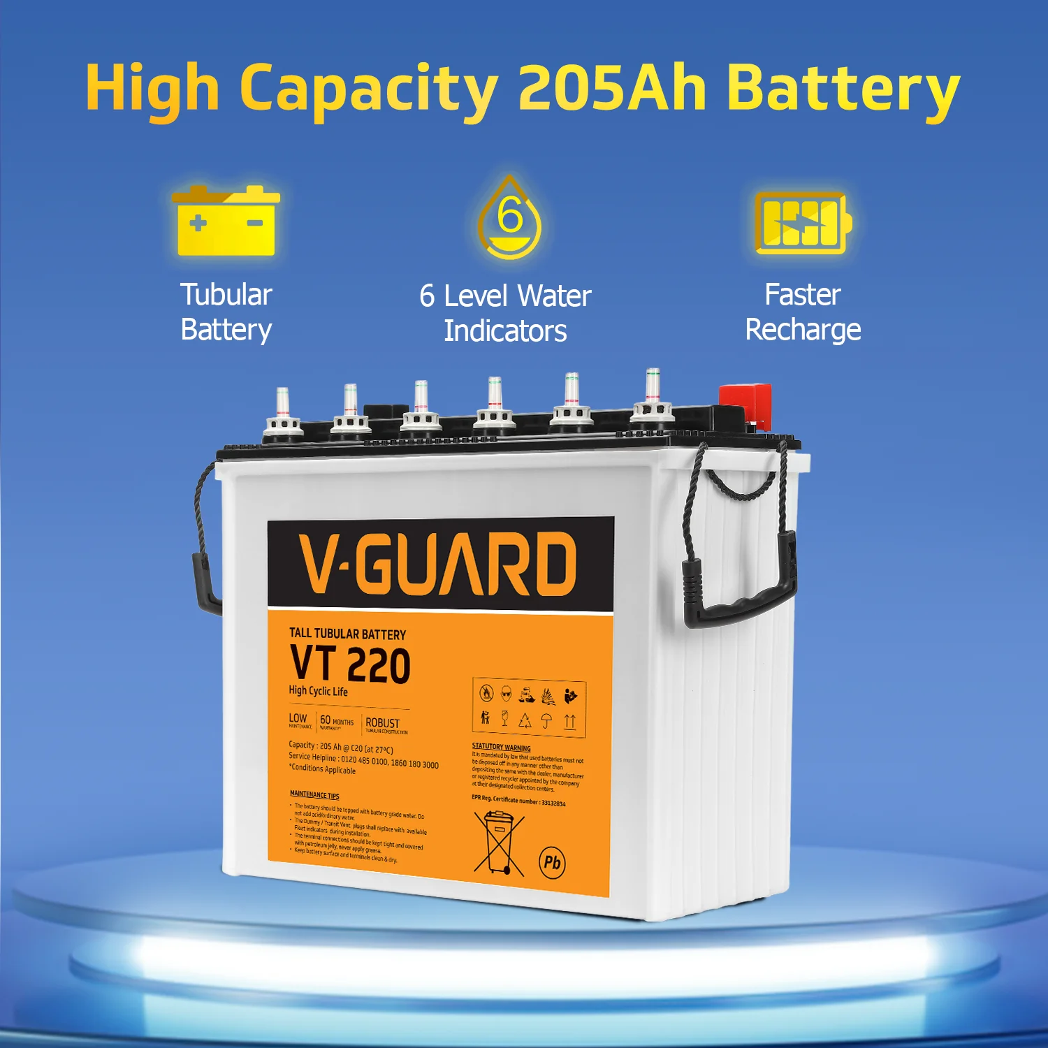 V-Guard Smart Inverter & Battery Combo (Smart Pro 1200 S Solar Inverter with VT 220 (205Ah Tall Tubular Battery)) for Home, Office & Shops - Image 5