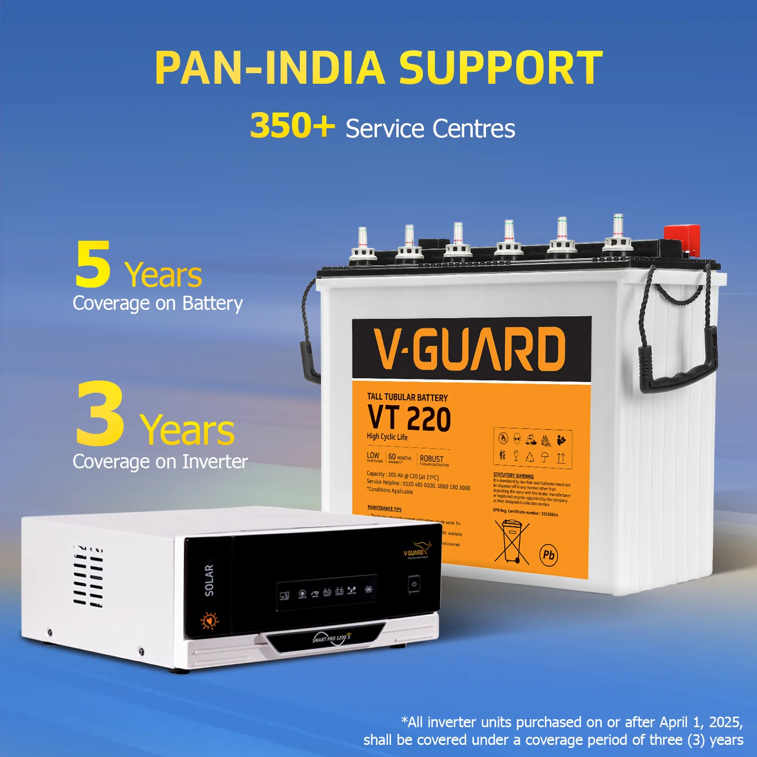 V-Guard Smart Inverter & Battery Combo (Smart Pro 1200 S Solar Inverter with VT 220 (205Ah Tall Tubular Battery)) for Home, Office & Shops - Image 8