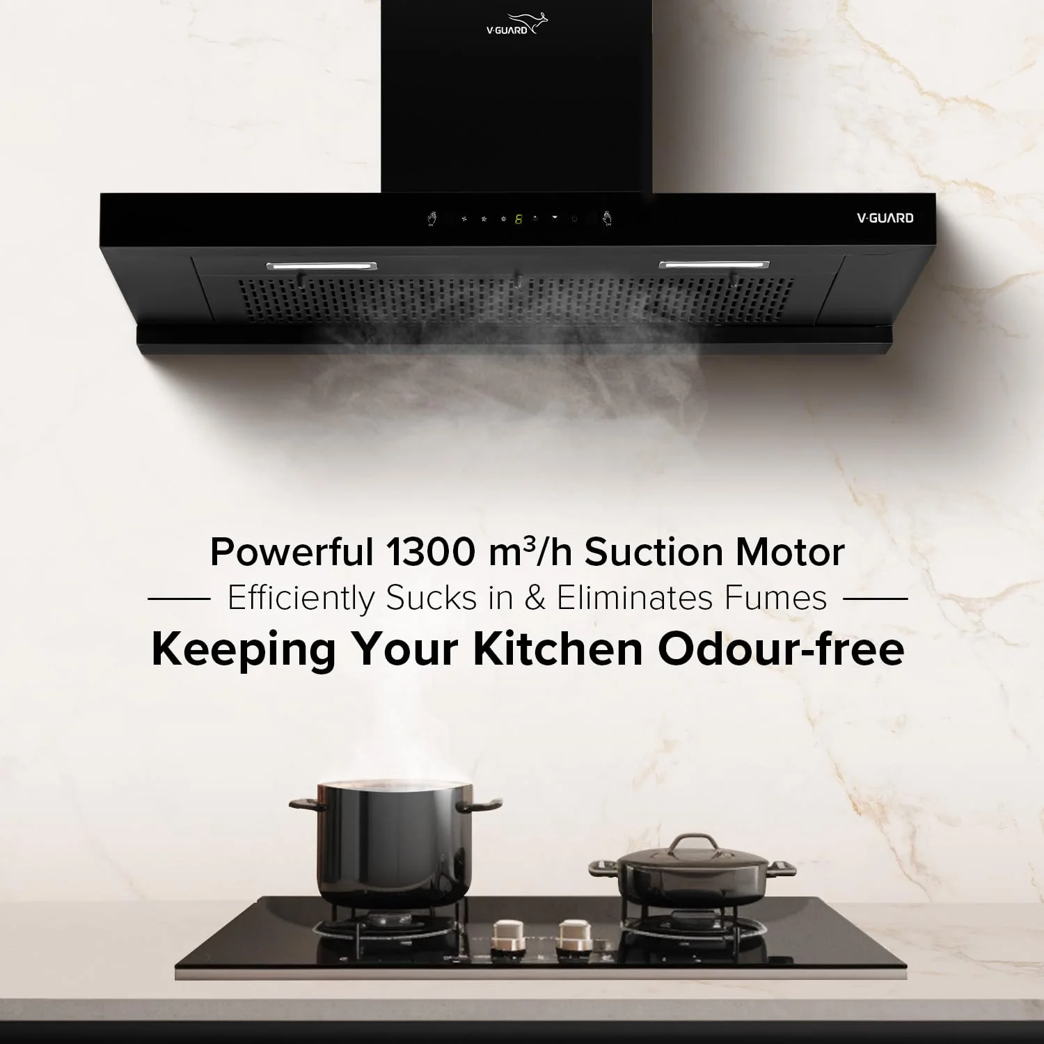 V-Guard T20 90cm Kitchen Chimney | 1300 m³/h Suction Capacity | Intelligent Auto Clean | Filterless | Motion with Touch Control | Wall mounted chimney with Elegant T-Shape Glass Design - Image 3