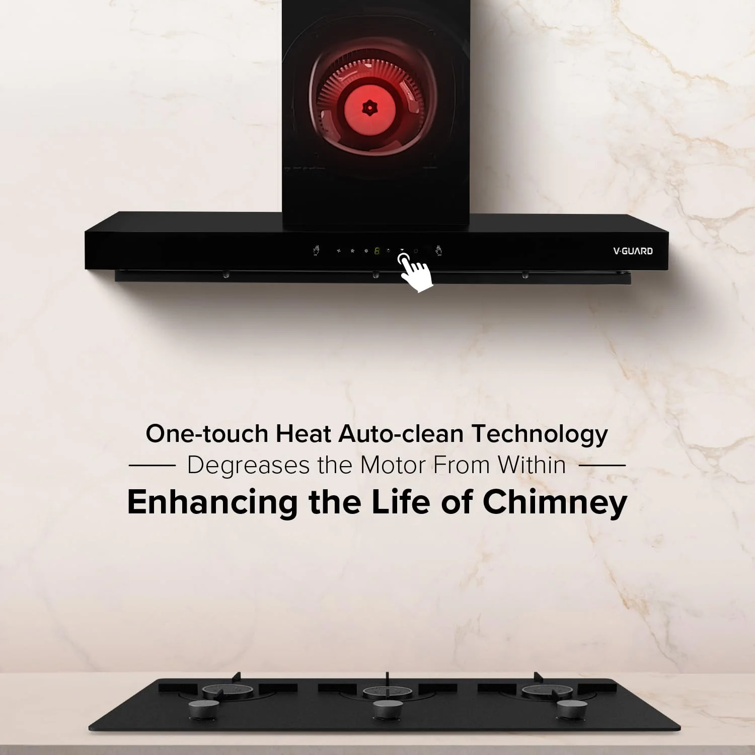 V-Guard T20 90cm Kitchen Chimney | 1300 m³/h Suction Capacity | Intelligent Auto Clean | Filterless | Motion with Touch Control | Wall mounted chimney with Elegant T-Shape Glass Design - Image 5