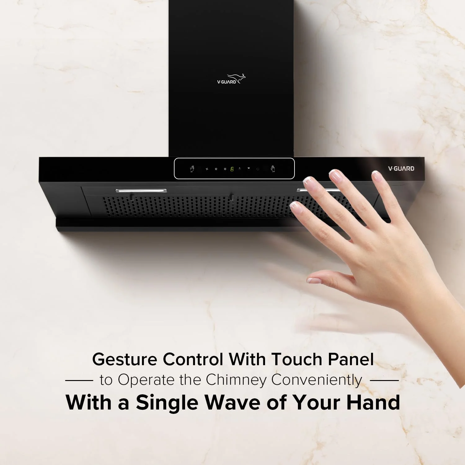 V-Guard T20 90cm Kitchen Chimney | 1300 m³/h Suction Capacity | Intelligent Auto Clean | Filterless | Motion with Touch Control | Wall mounted chimney with Elegant T-Shape Glass Design - Image 6