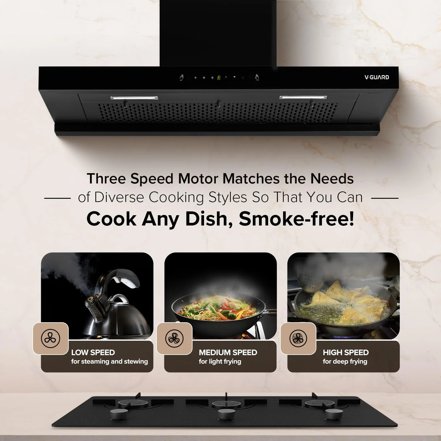 V-Guard T20 90cm Kitchen Chimney | 1300 m³/h Suction Capacity | Intelligent Auto Clean | Filterless | Motion with Touch Control | Wall mounted chimney with Elegant T-Shape Glass Design - Image 7