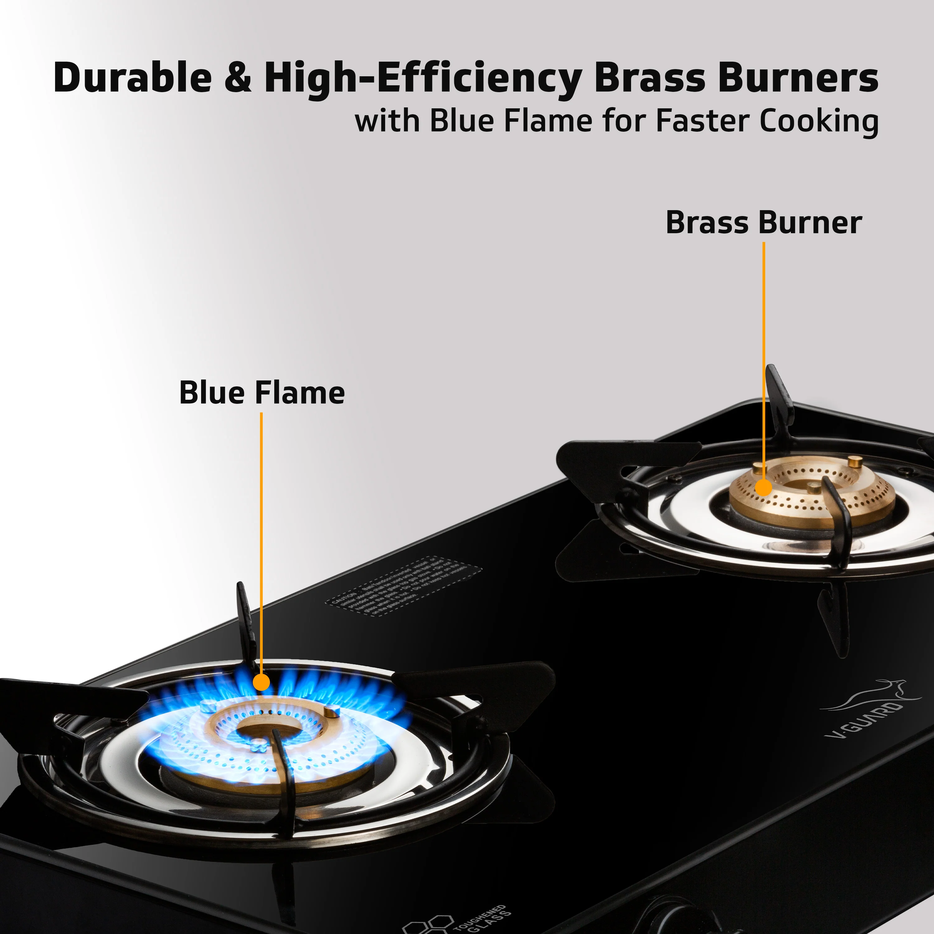V-Guard VGD 257 PI 2 Burner Gas Stove | Compact & Elegant Gas Stove | 1 Large and 1 Medium High-Efficiency Brass Burner | Toughened Glass Top | 1 Year Coverage by V-Guard - Image 3