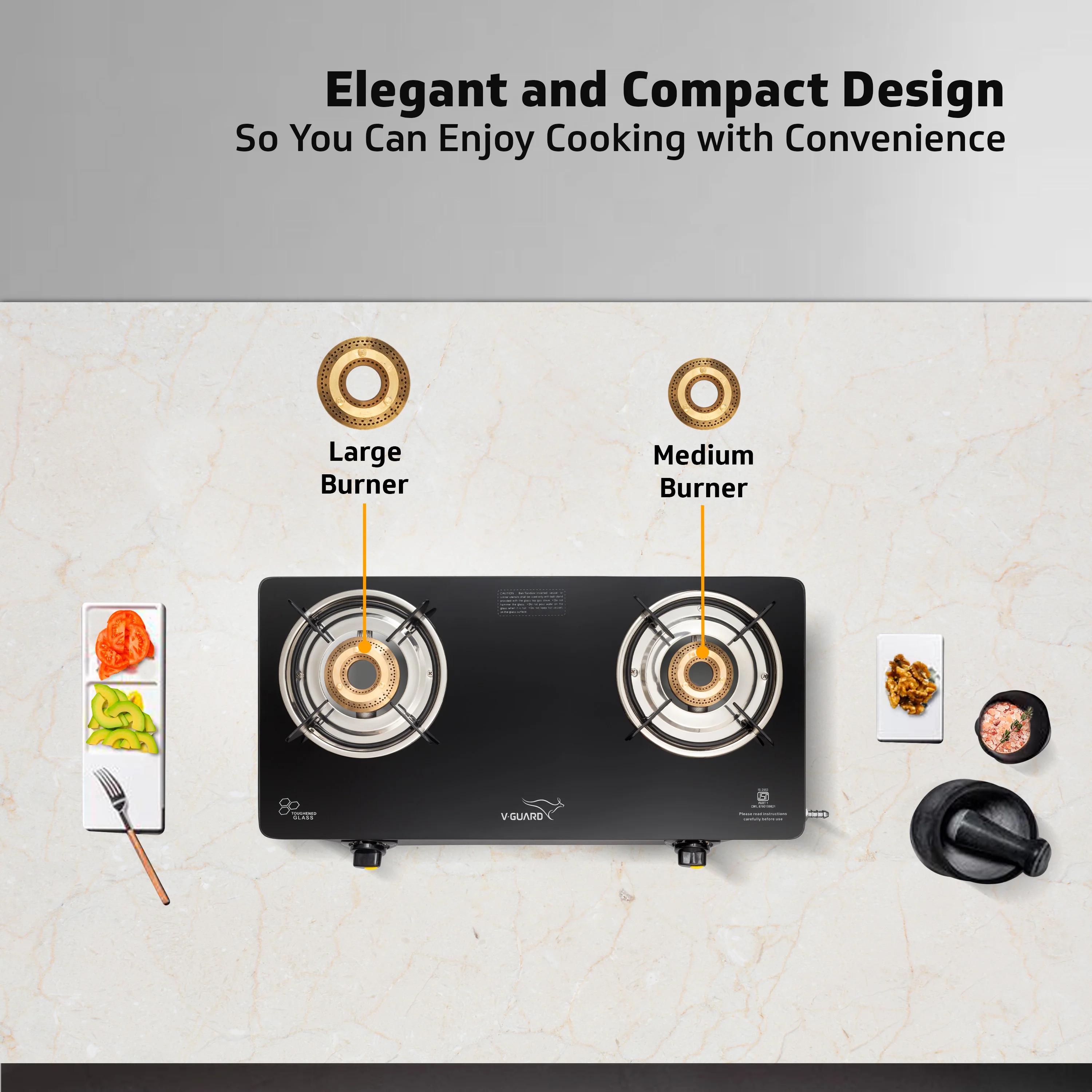 V-Guard VGD 257 PI 2 Burner Gas Stove | Compact & Elegant Gas Stove | 1 Large and 1 Medium High-Efficiency Brass Burner | Toughened Glass Top | 1 Year Coverage by V-Guard - Image 6