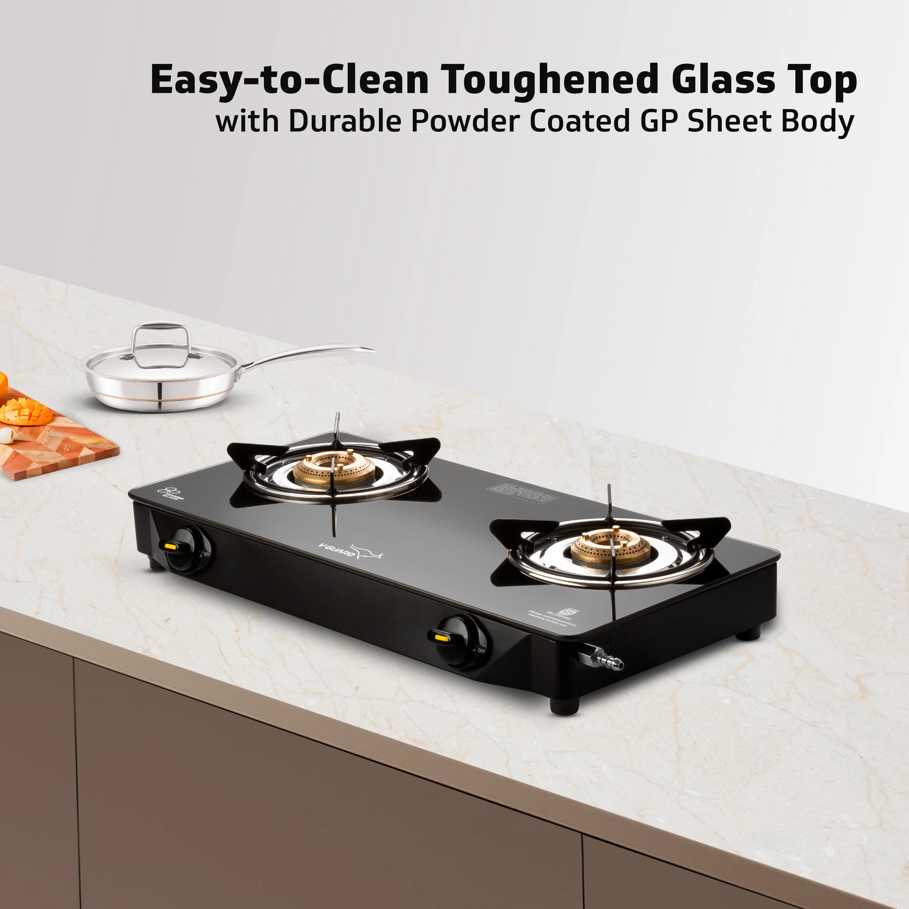 V-Guard VGD 257 PI 2 Burner Gas Stove | Compact & Elegant Gas Stove | 1 Large and 1 Medium High-Efficiency Brass Burner | Toughened Glass Top | 1 Year Coverage by V-Guard - Image 7
