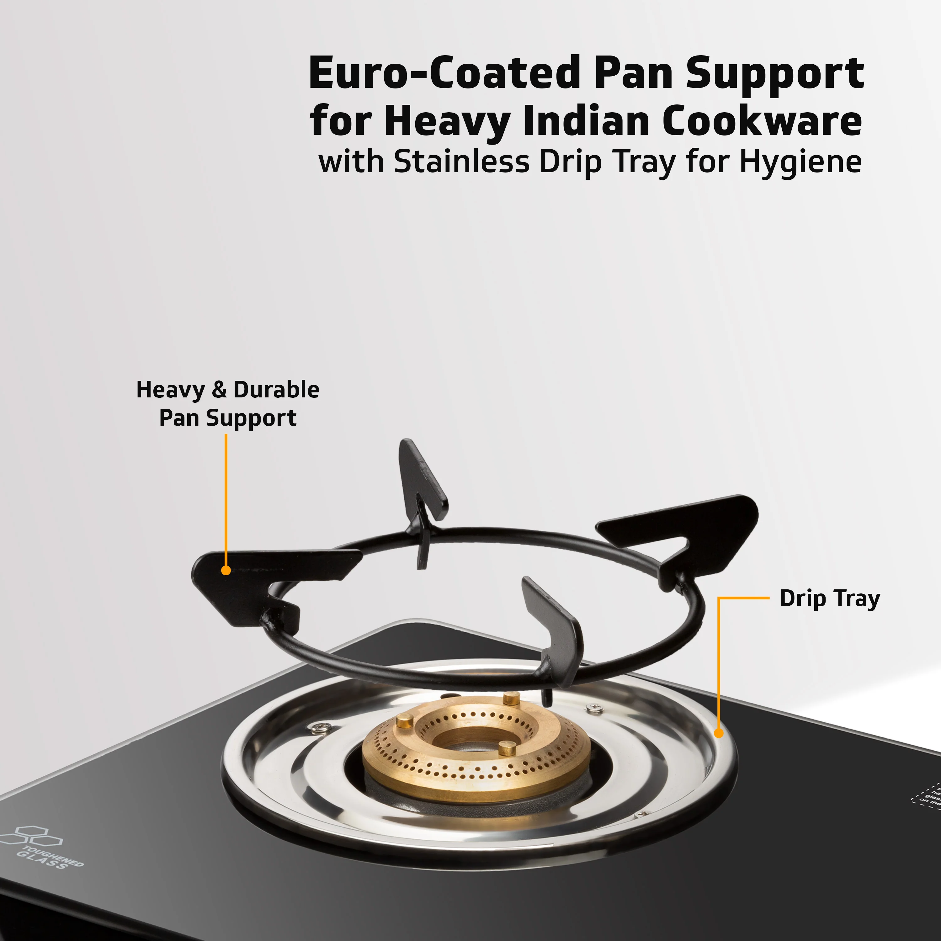 V-Guard VGD 370 PI 3 Burner Gas Stove | Compact & Elegant Gas Stove | 1 Large, 1 Medium & 1 Small High-Efficiency Brass Burner | Toughened Glass Top | 1 Year Coverage by V-Guard - Image 5