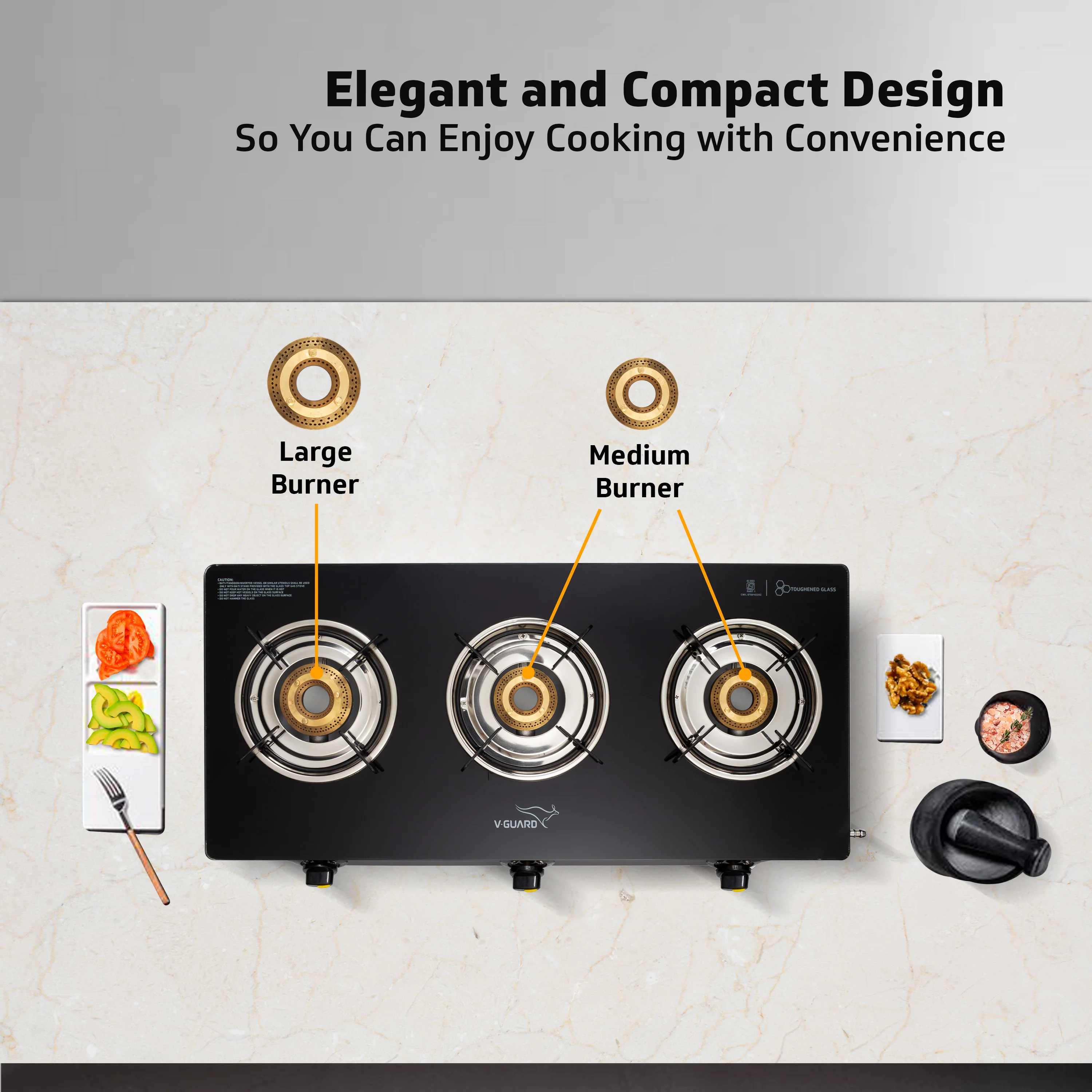 V-Guard VGD 370 PI 3 Burner Gas Stove | Compact & Elegant Gas Stove | 1 Large, 1 Medium & 1 Small High-Efficiency Brass Burner | Toughened Glass Top | 1 Year Coverage by V-Guard - Image 6