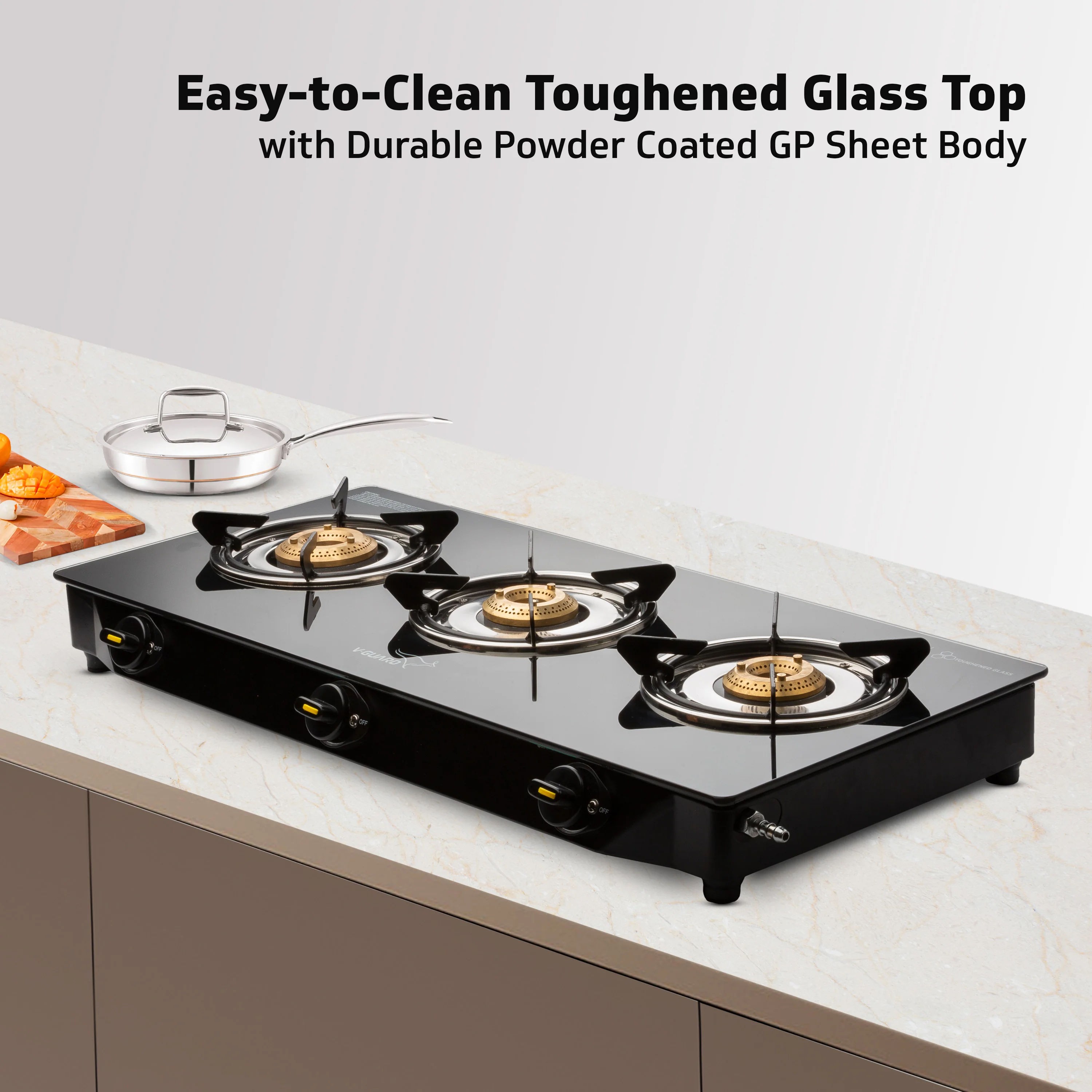 V-Guard VGD 370 PI 3 Burner Gas Stove | Compact & Elegant Gas Stove | 1 Large, 1 Medium & 1 Small High-Efficiency Brass Burner | Toughened Glass Top | 1 Year Coverage by V-Guard - Image 7