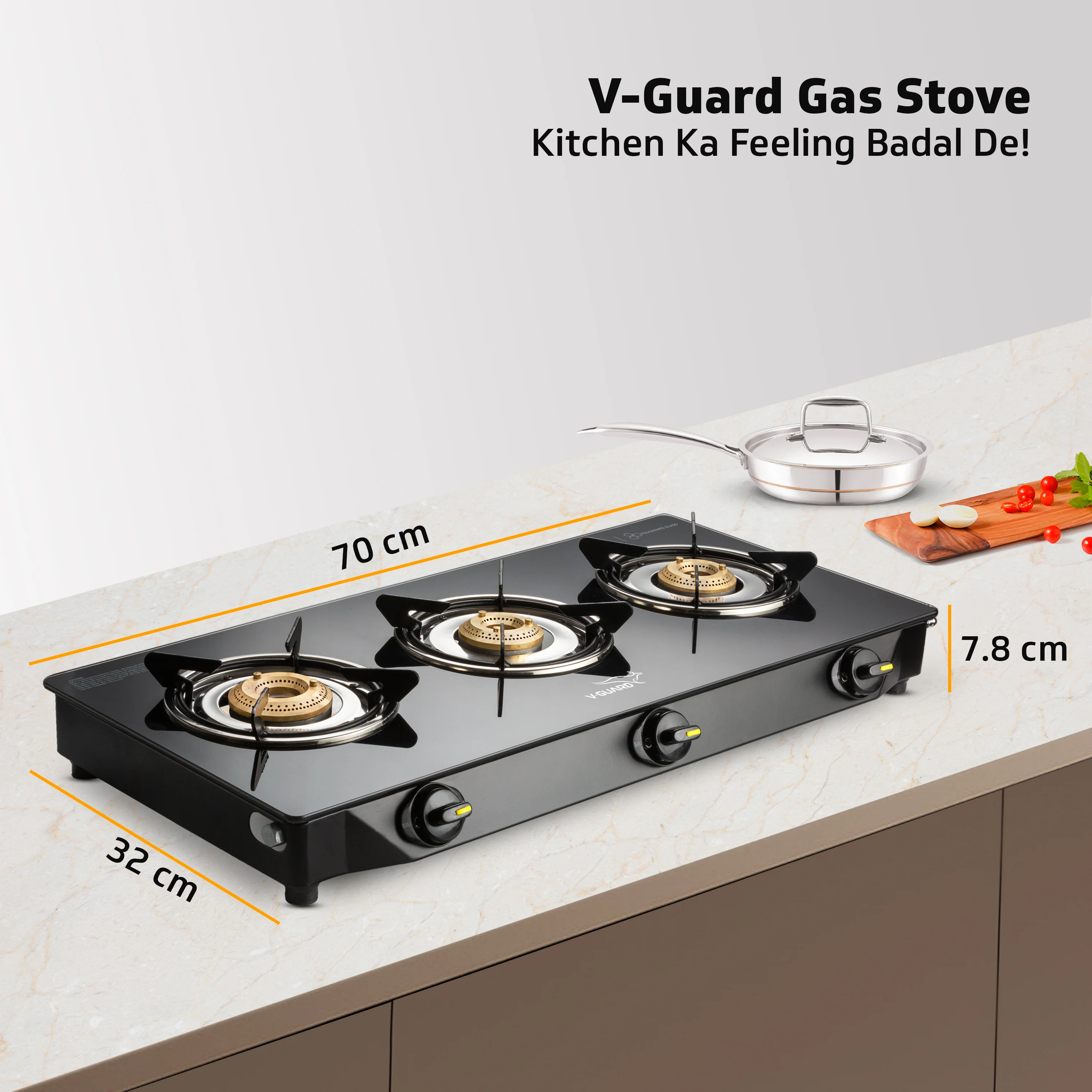 V-Guard VGD 370 PI 3 Burner Gas Stove | Compact & Elegant Gas Stove | 1 Large, 1 Medium & 1 Small High-Efficiency Brass Burner | Toughened Glass Top | 1 Year Coverage by V-Guard - Image 8